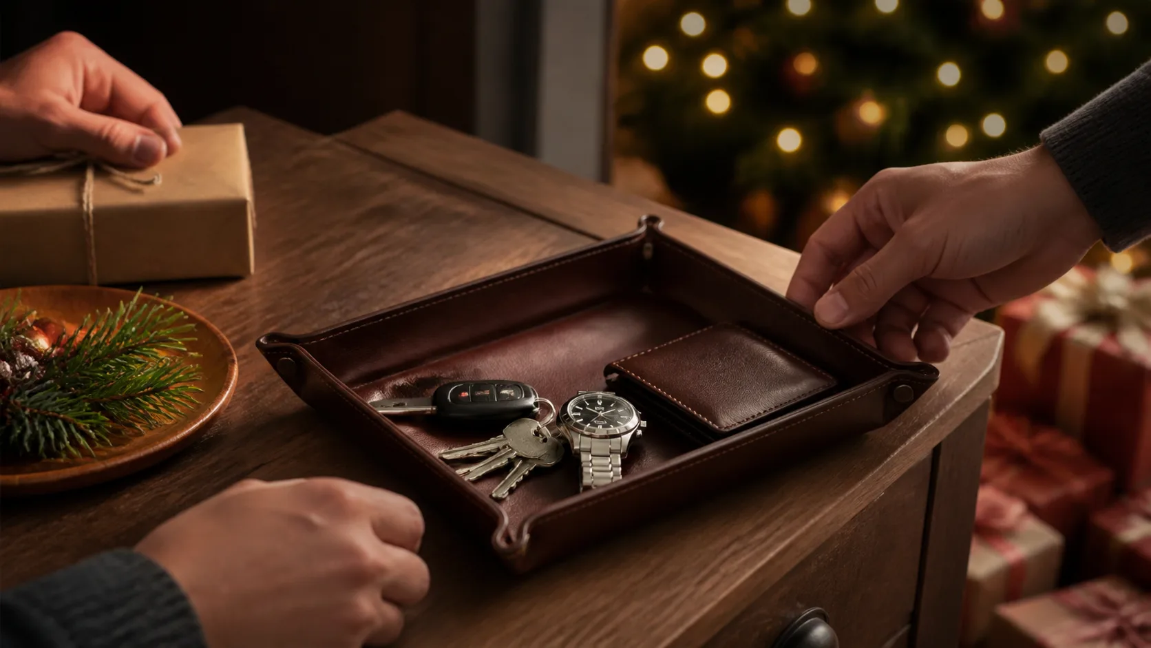 Representative leather valet tray holding keys, a watch, and a wallet on a dresser