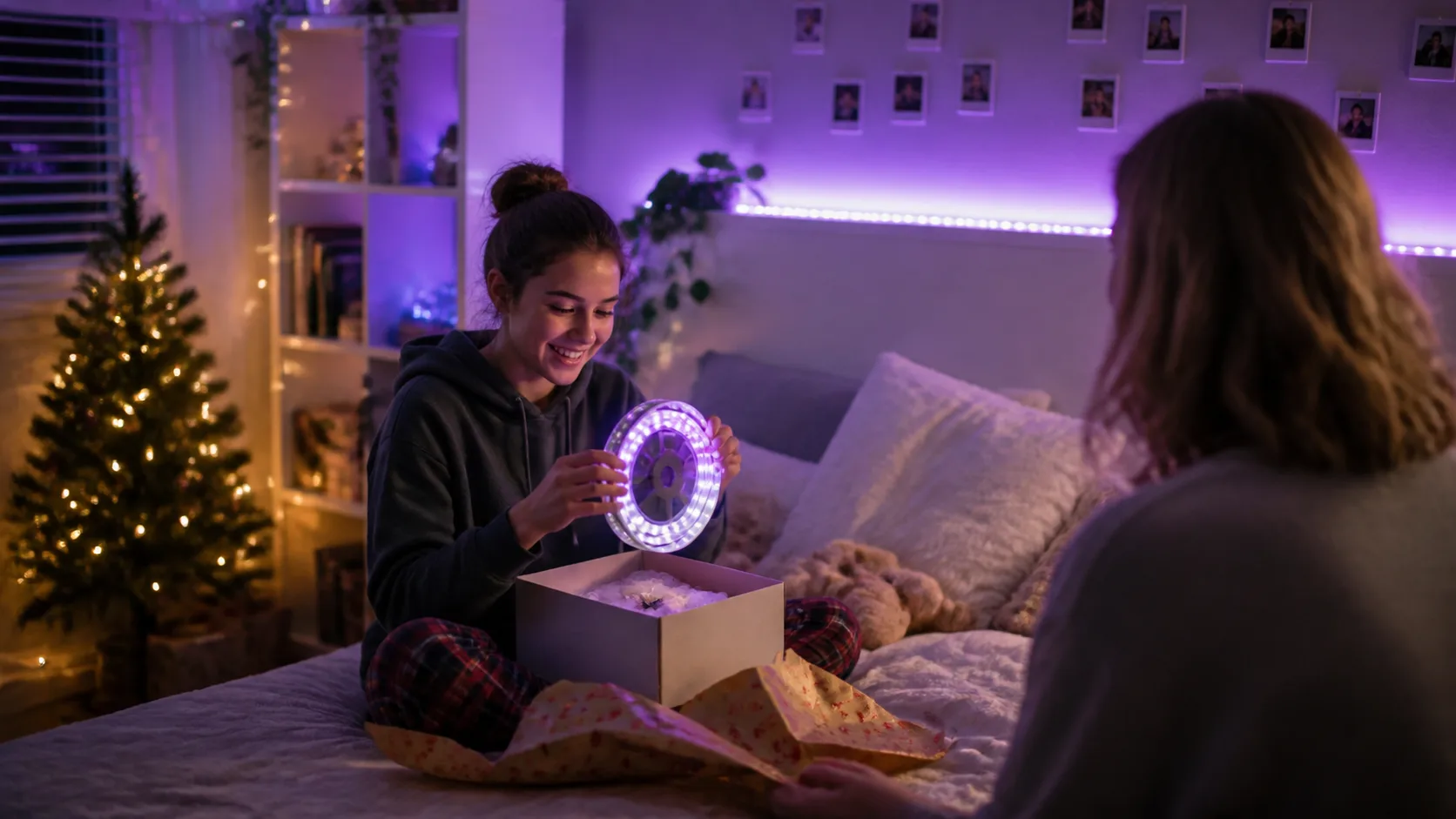 Representative bedroom wall glowing purple from a colour-changing LED light strip
