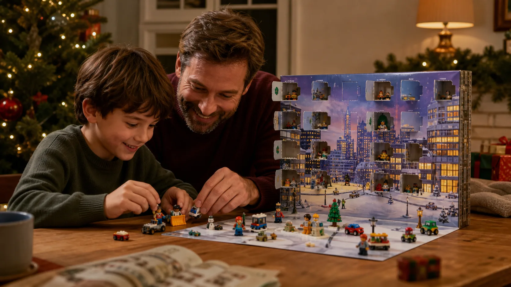 Representative colourful countdown box with tiny brick-built vehicles and minifigures arranged in a winter scene