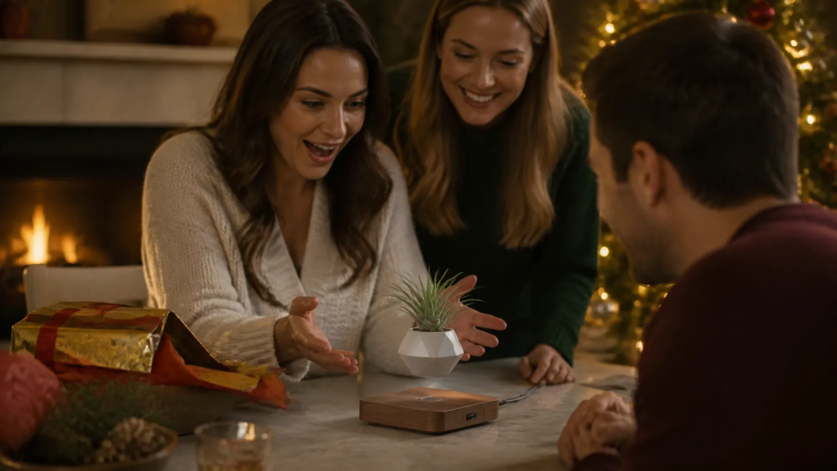 Representative small plant pot hovering above a magnetic base on a desk