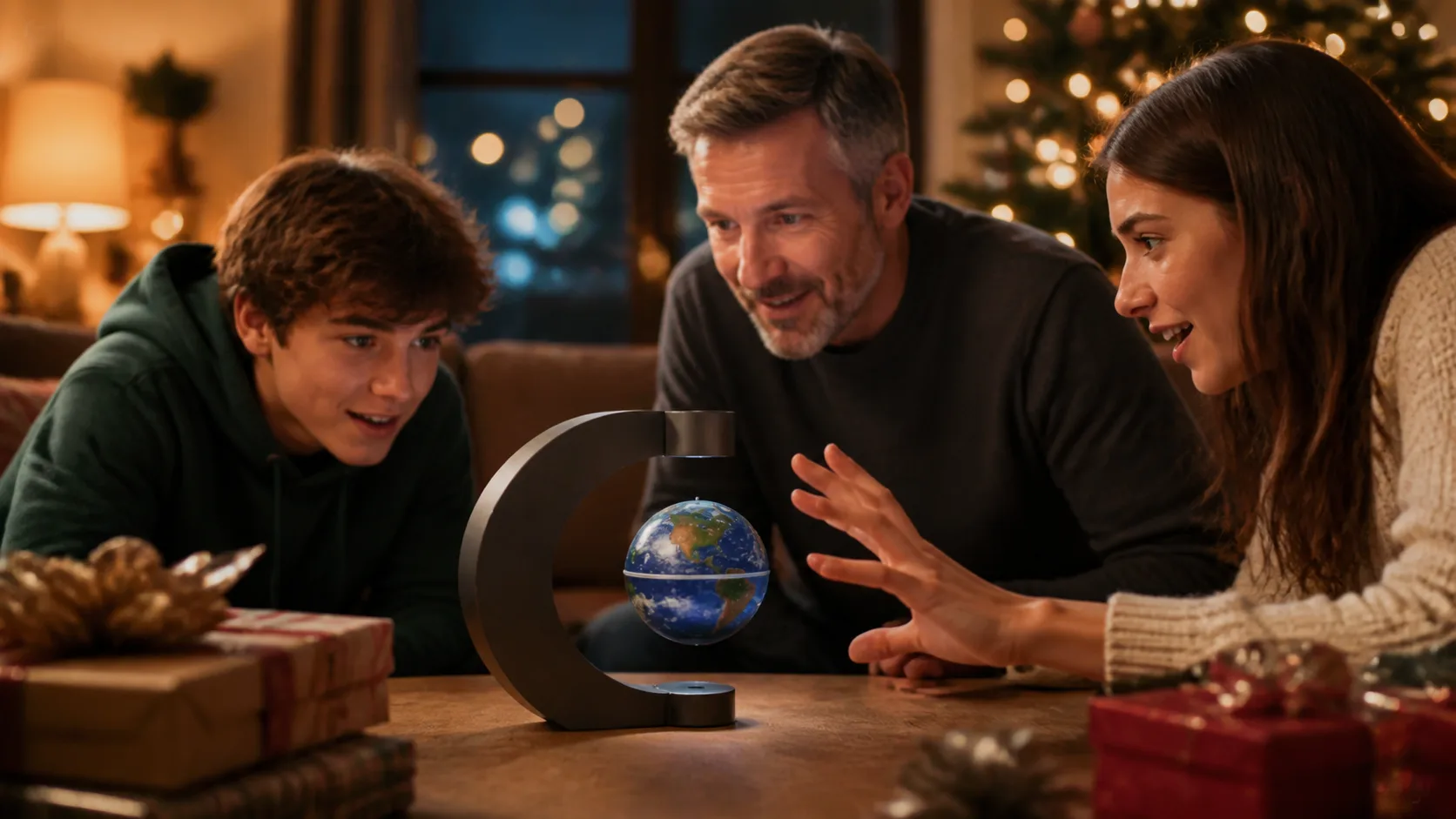 Representative small globe floating and spinning between the arms of a magnetic frame