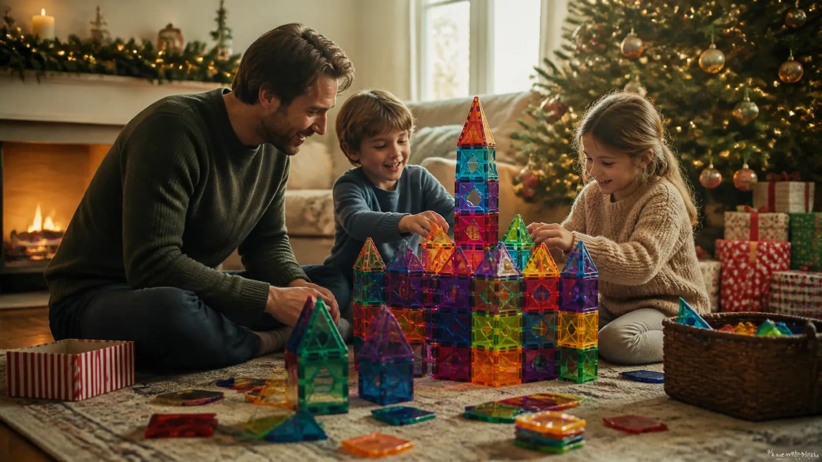 Representative translucent magnetic building tiles stacked into a colourful castle