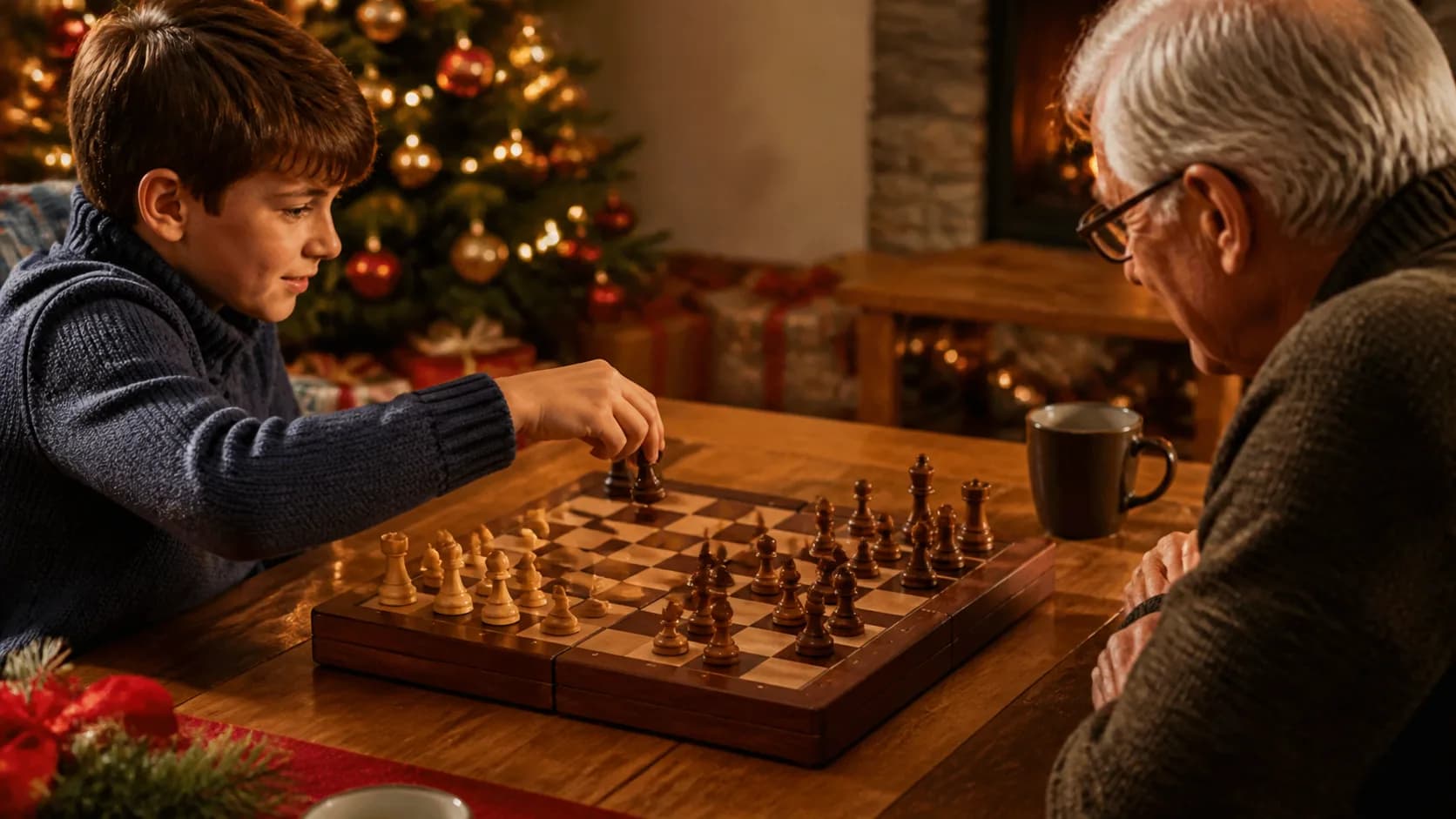 Representative folding wooden chess board with magnetic pieces mid-game