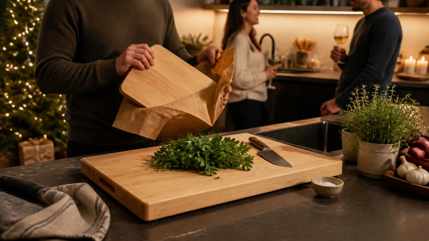 Representative maple wood cutting board on a kitchen counter beside fresh herbs