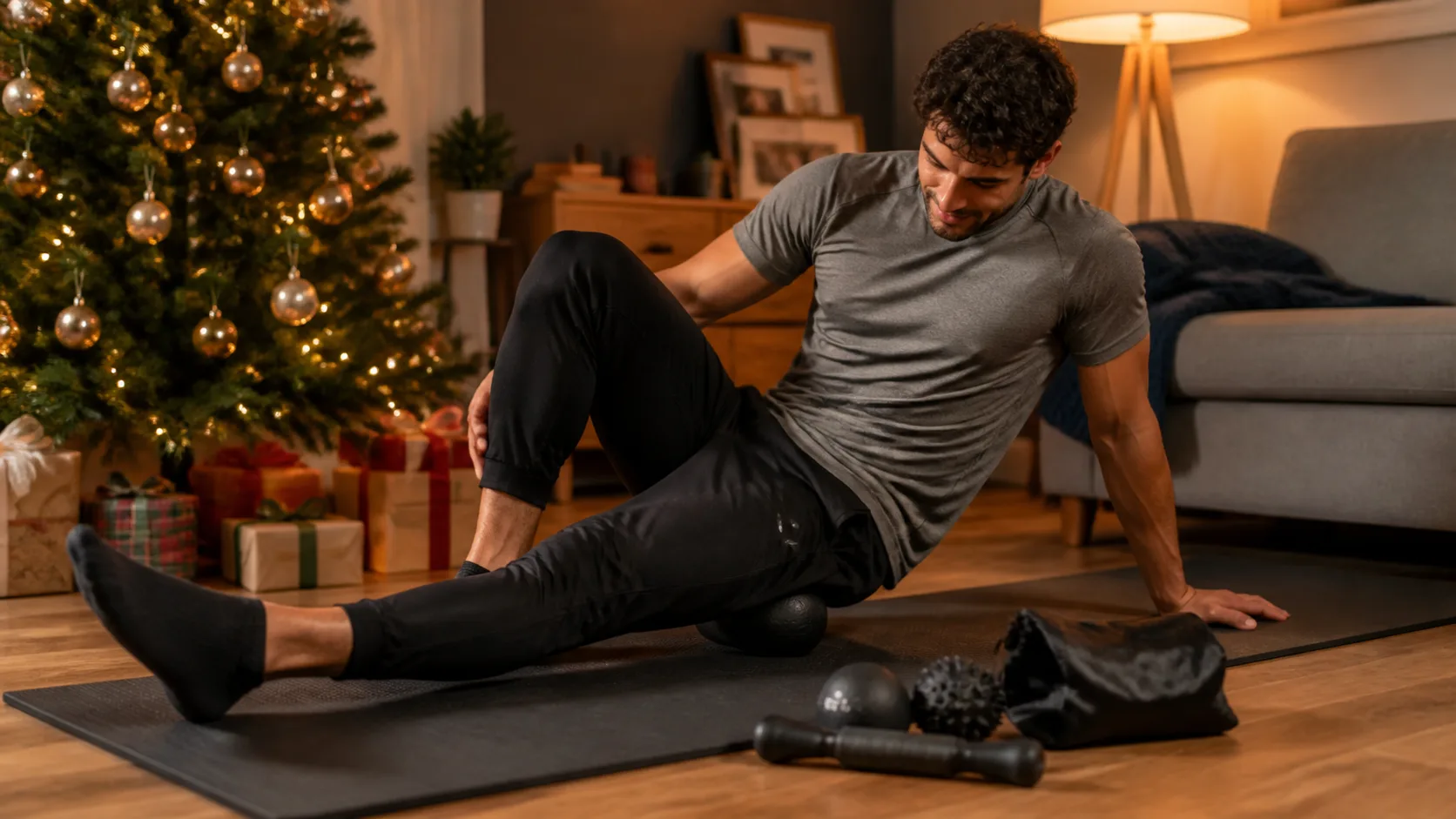 Representative set of textured massage balls and a handheld roller on a gym mat