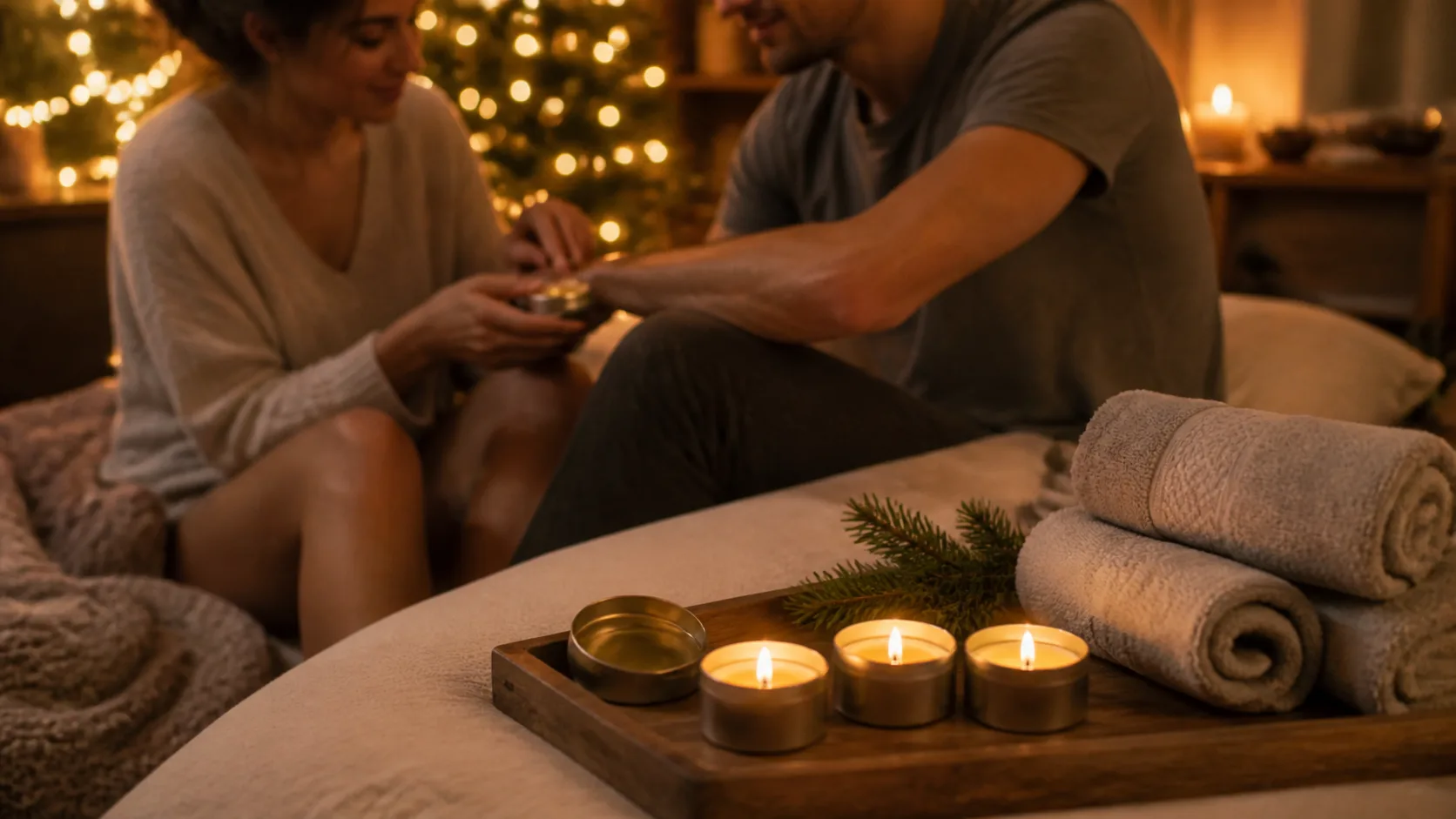 Representative set of small candles in tins arranged with folded towels