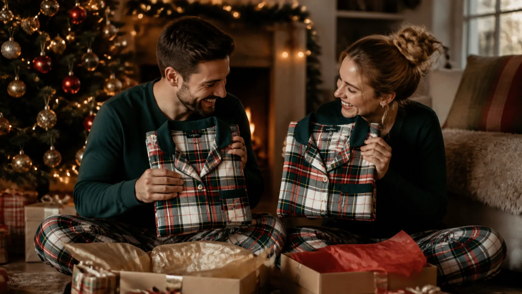 Representative pair of matching festive pajama sets folded side by side