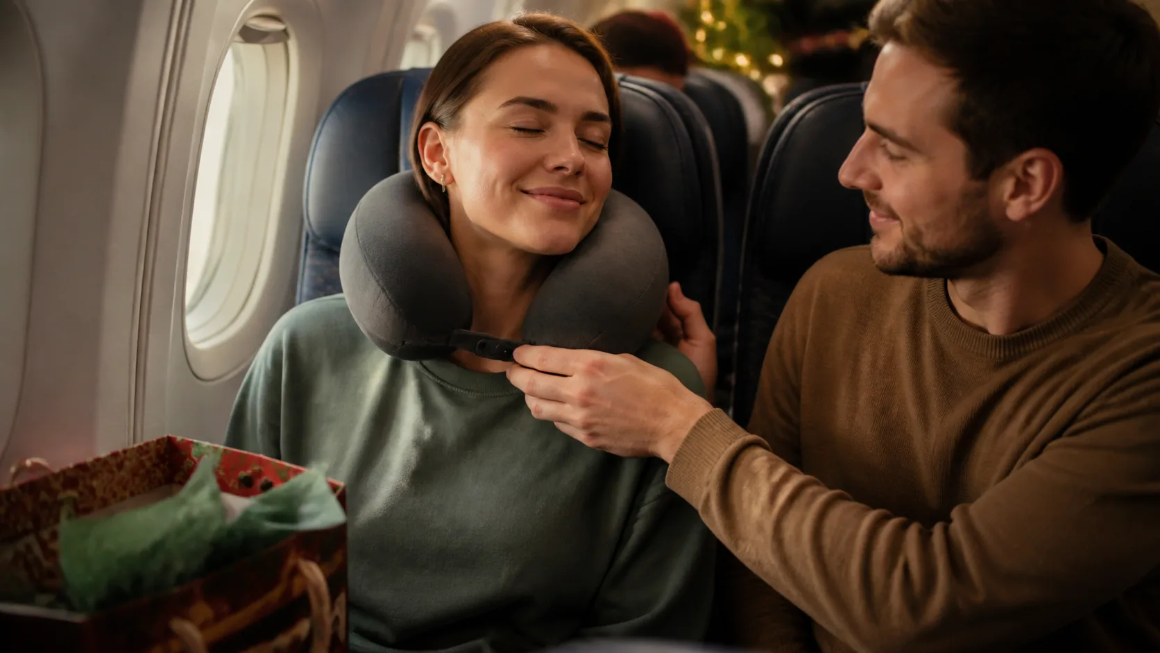 Representative memory foam neck pillow resting on an airplane seat