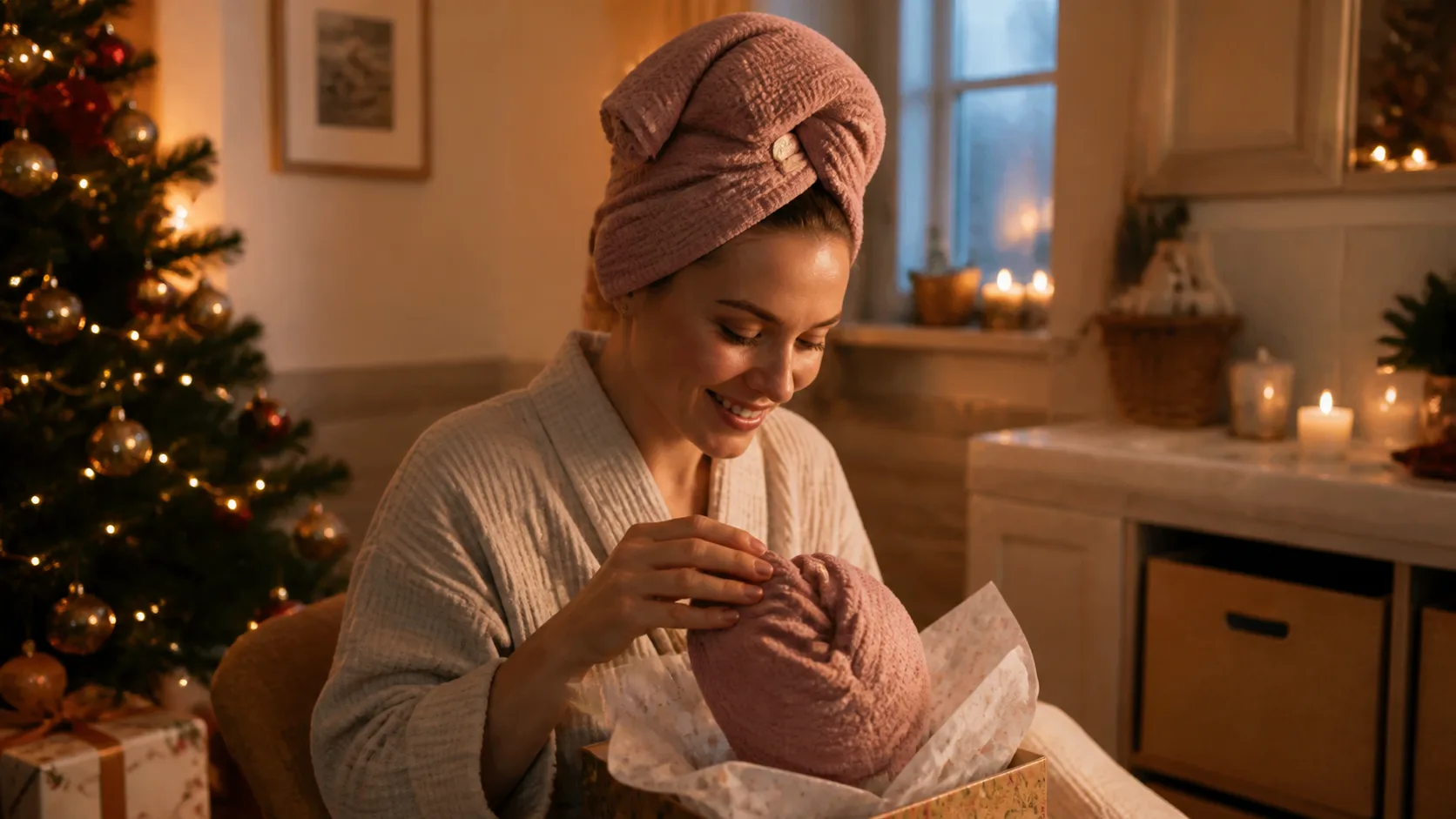 Representative microfibre hair towel wrap twisted and buttoned in place