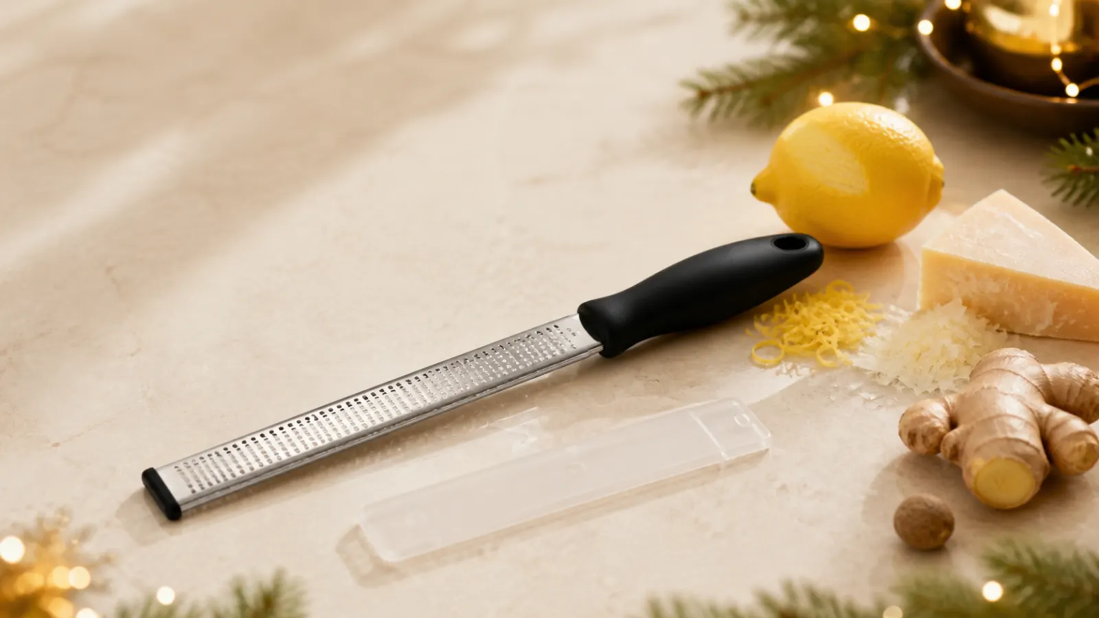 Representative black-handled fine rasp zester beside a lemon, ginger, nutmeg and a small mound of Parmesan