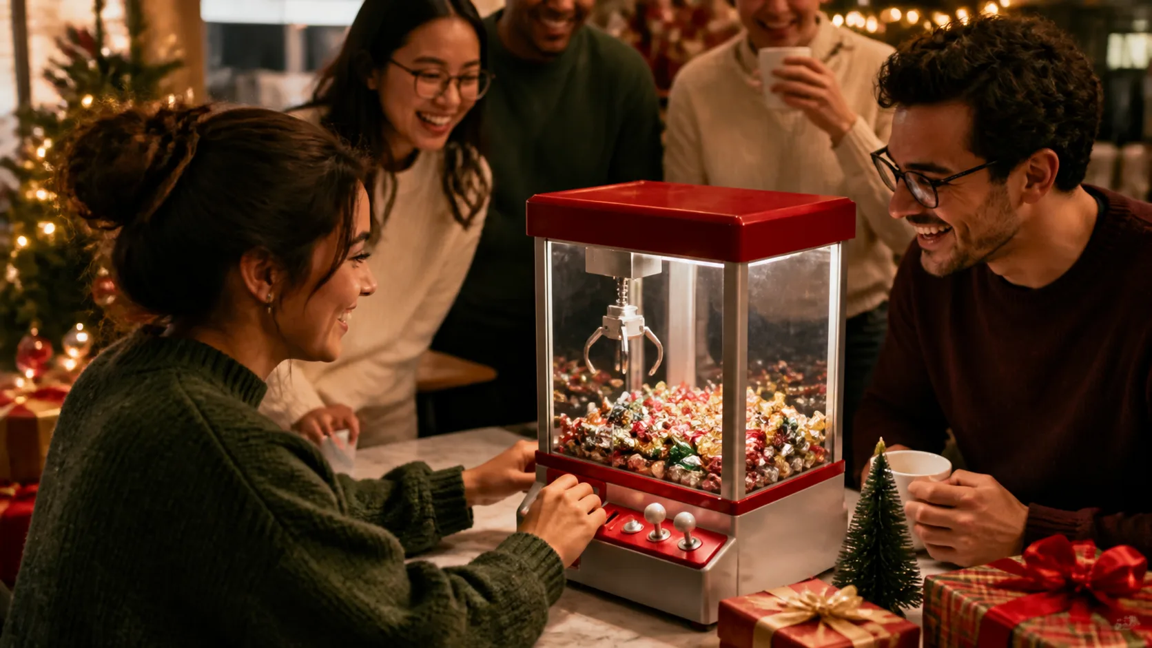 Representative tabletop claw machine cabinet filled with small candies