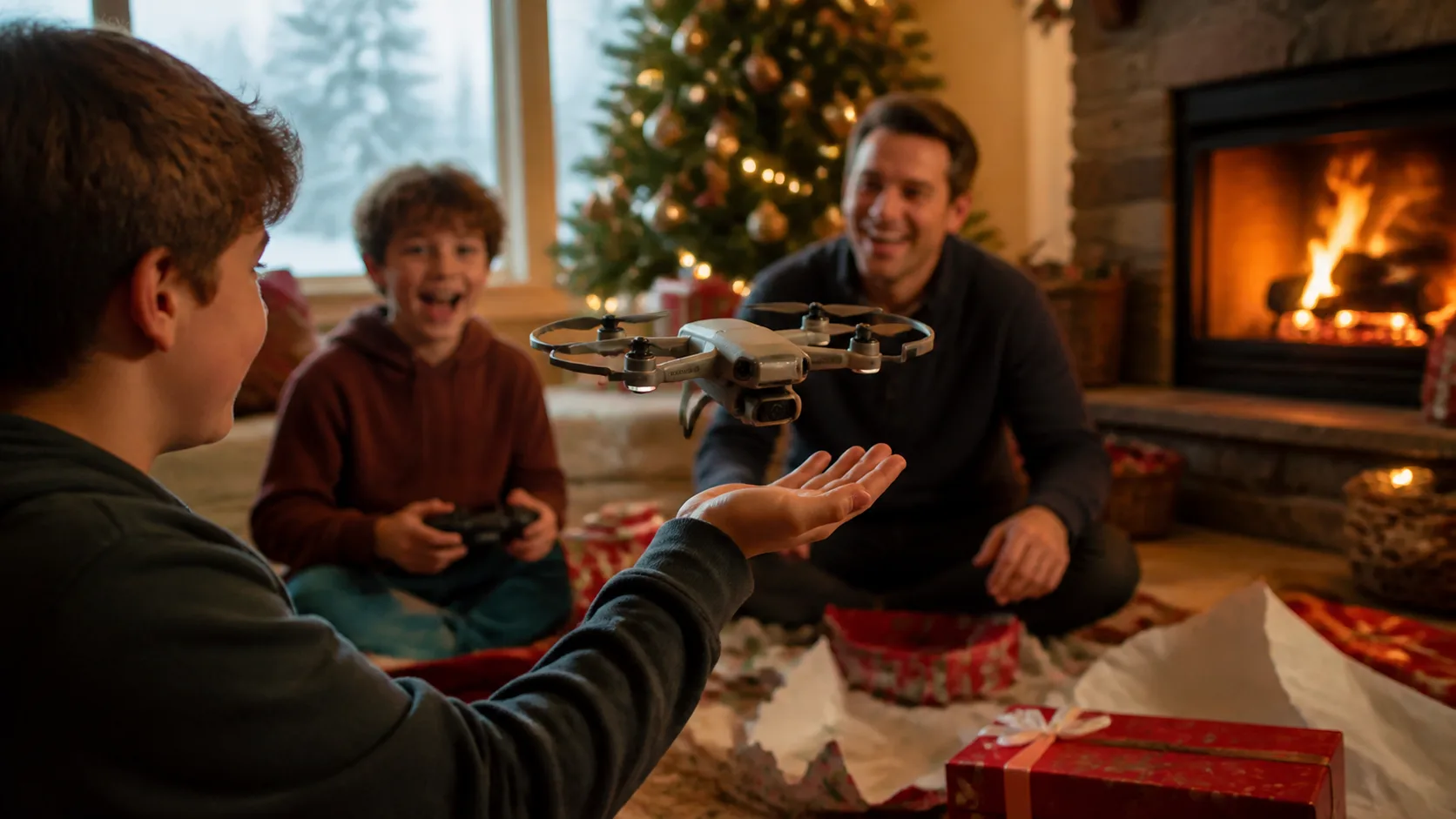 Representative mini quadcopter drone with camera hovering above an open palm