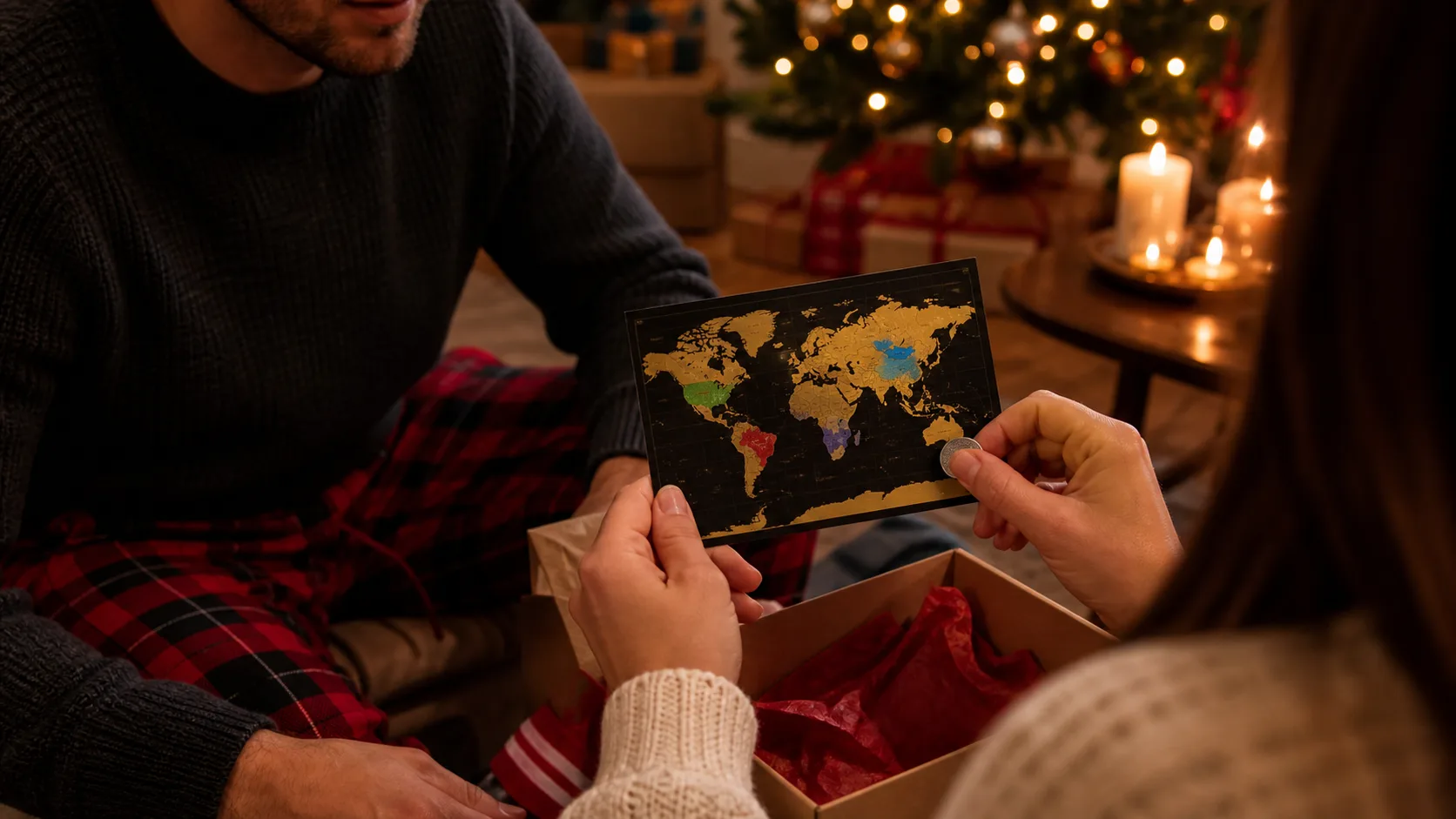 Representative small scratch-off world map with several countries revealed in gold