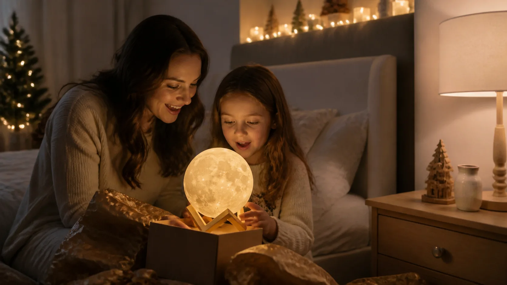 Representative glowing moon-shaped lamp on a wooden stand beside a bed