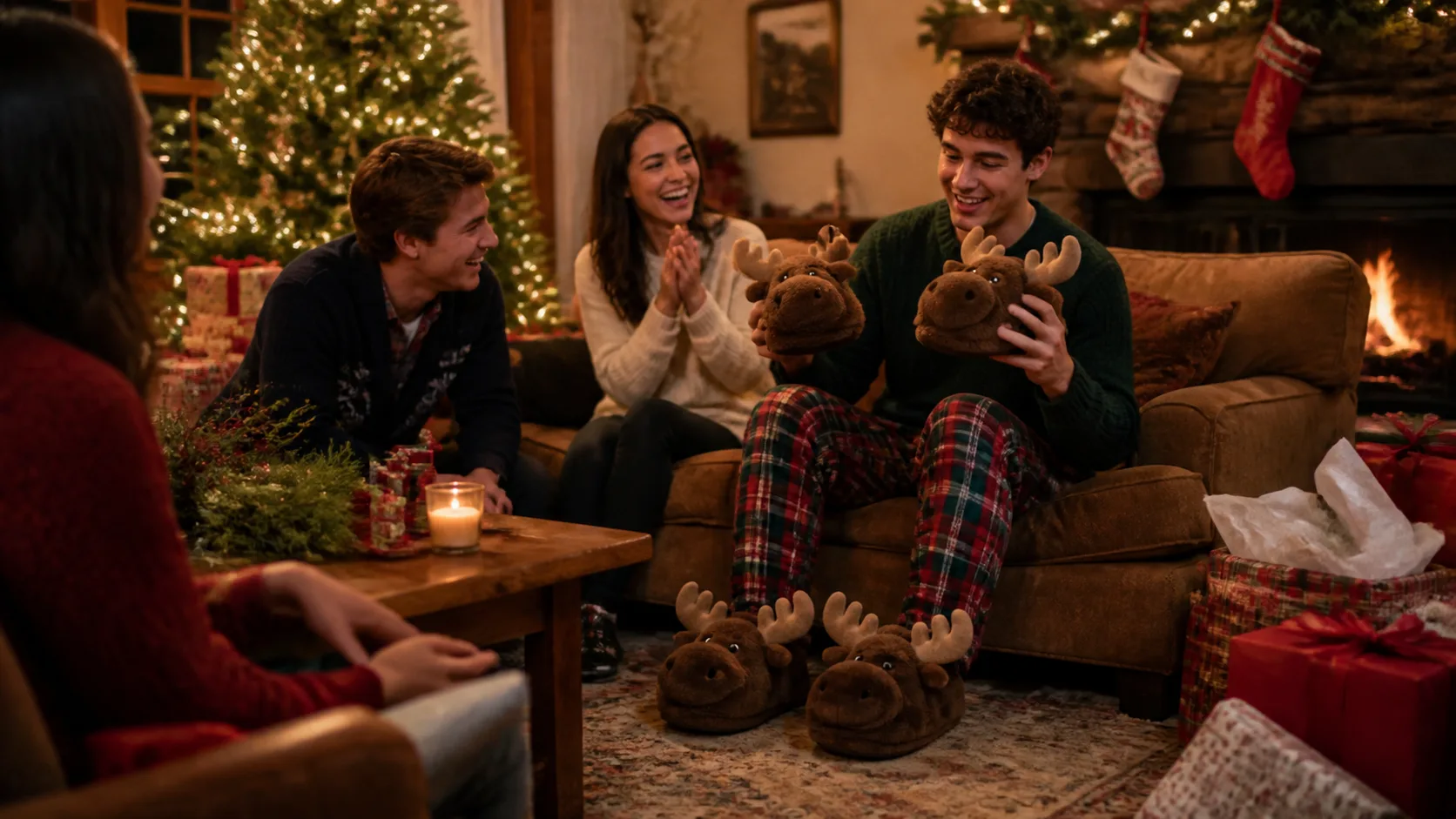 Representative pair of plush brown moose slippers with soft antlers