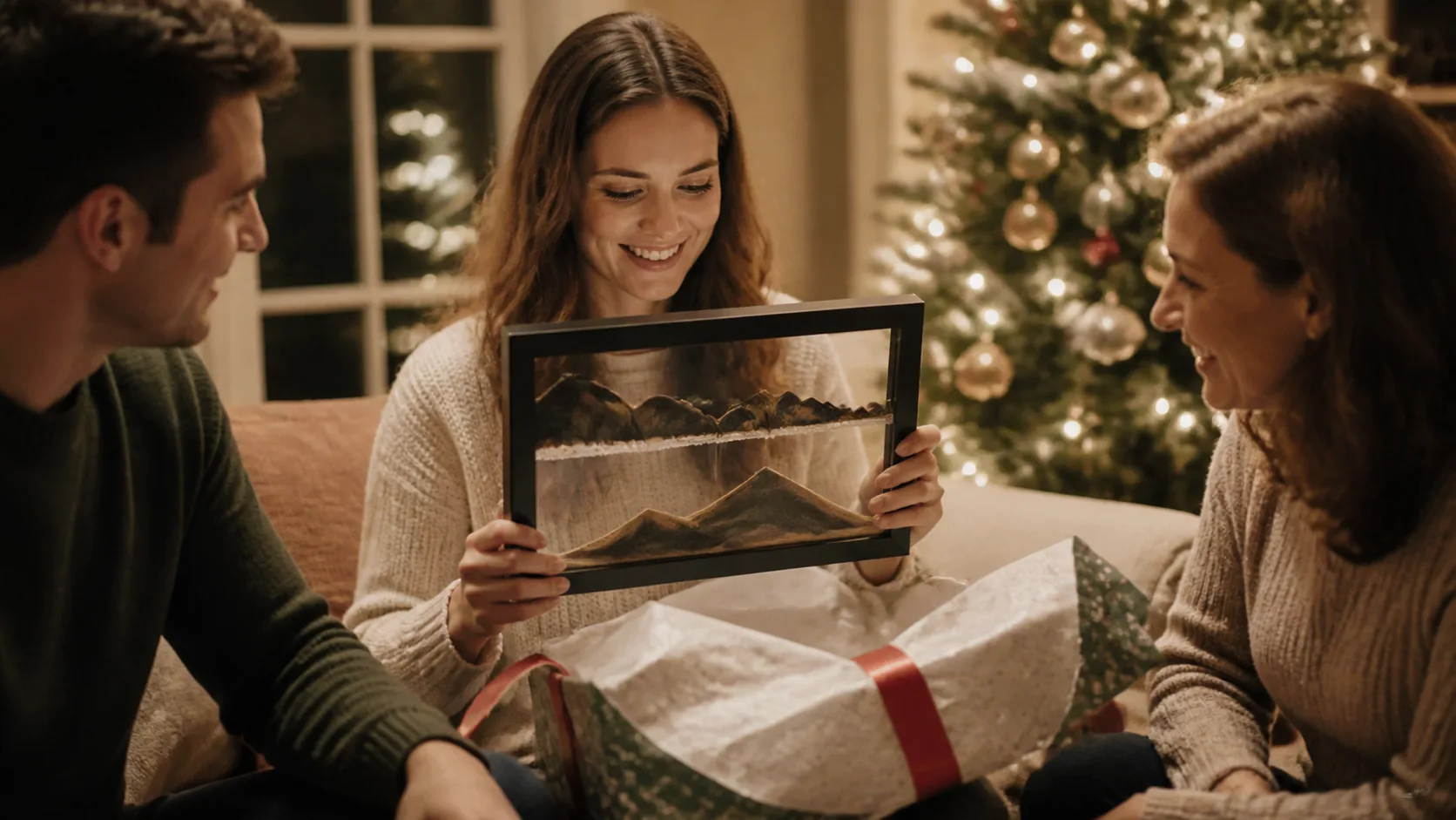 Representative framed sand art picture with layered dunes on a shelf