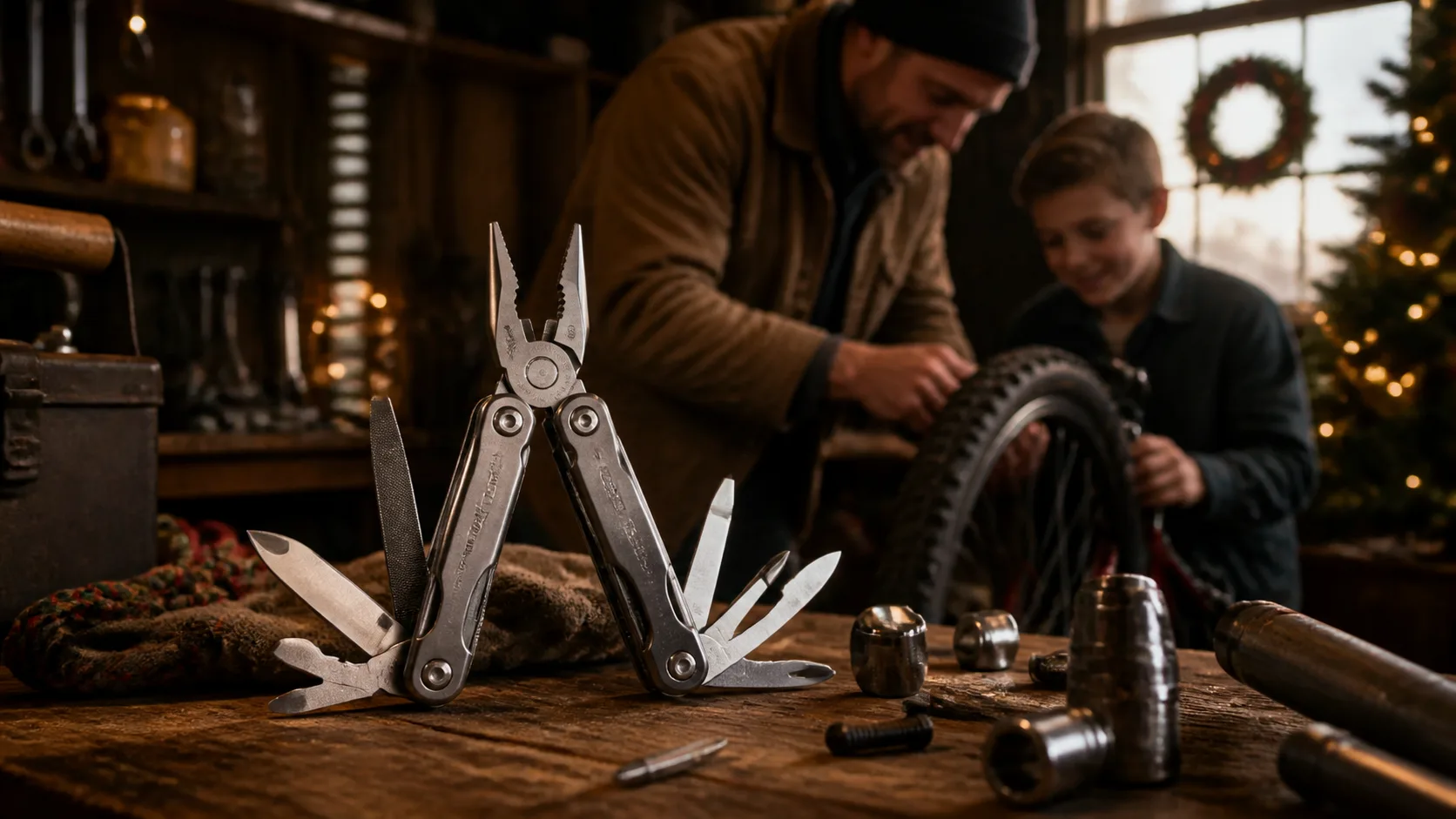Representative folding multitool with pliers open and tools fanned out on a workbench