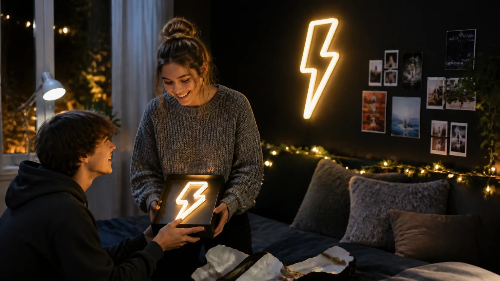 Representative glowing lightning bolt shaped neon light mounted on a dark bedroom wall