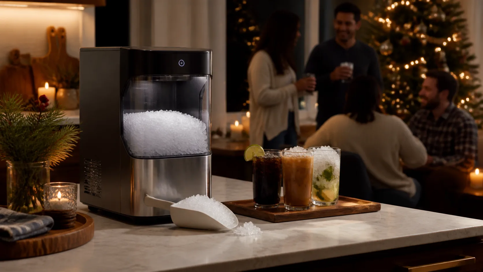Representative countertop nugget ice maker with a scoop of pebble ice