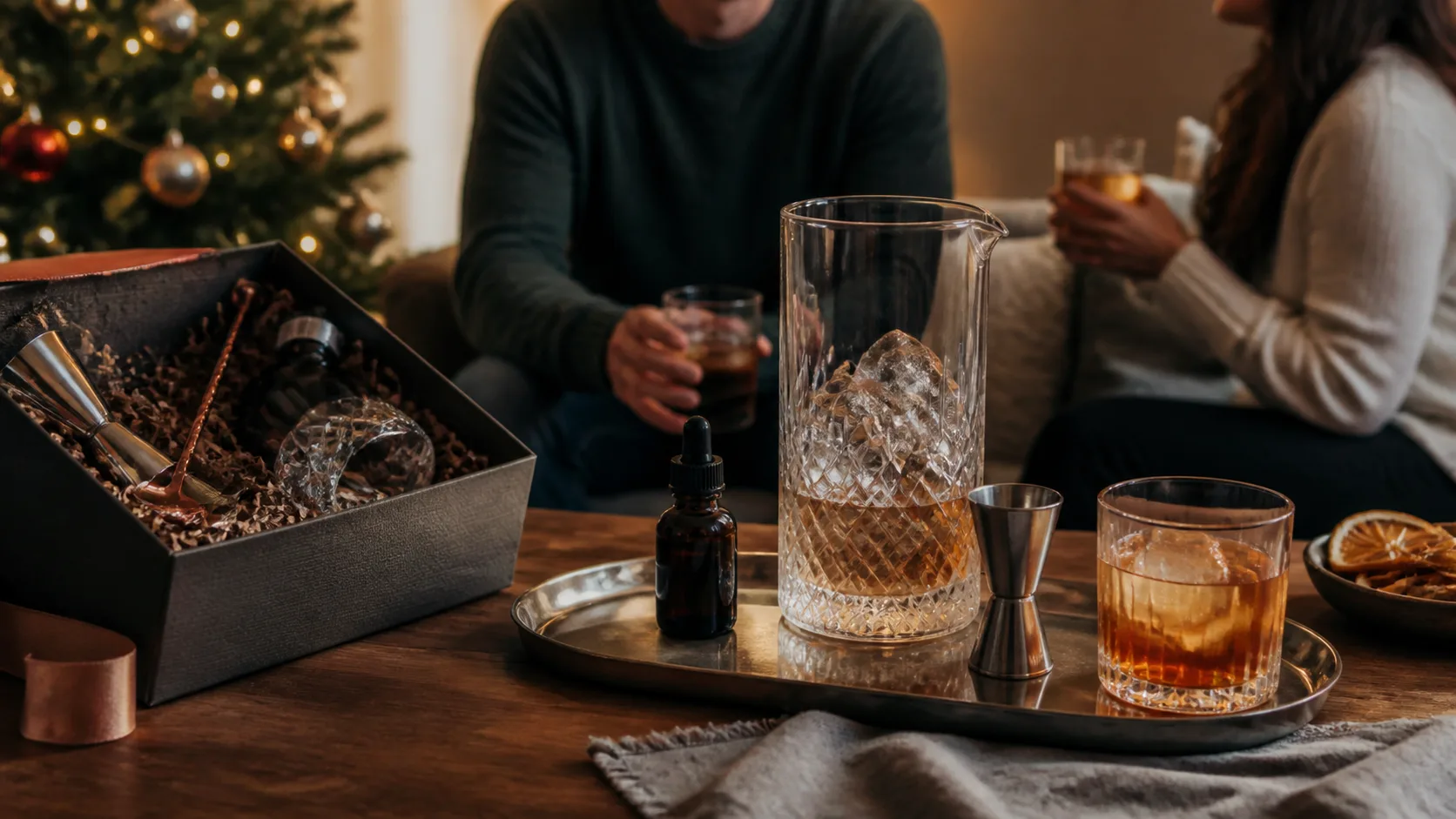 Representative cocktail kit with mixing glass, jigger, bar spoon, and a rocks glass on a tray
