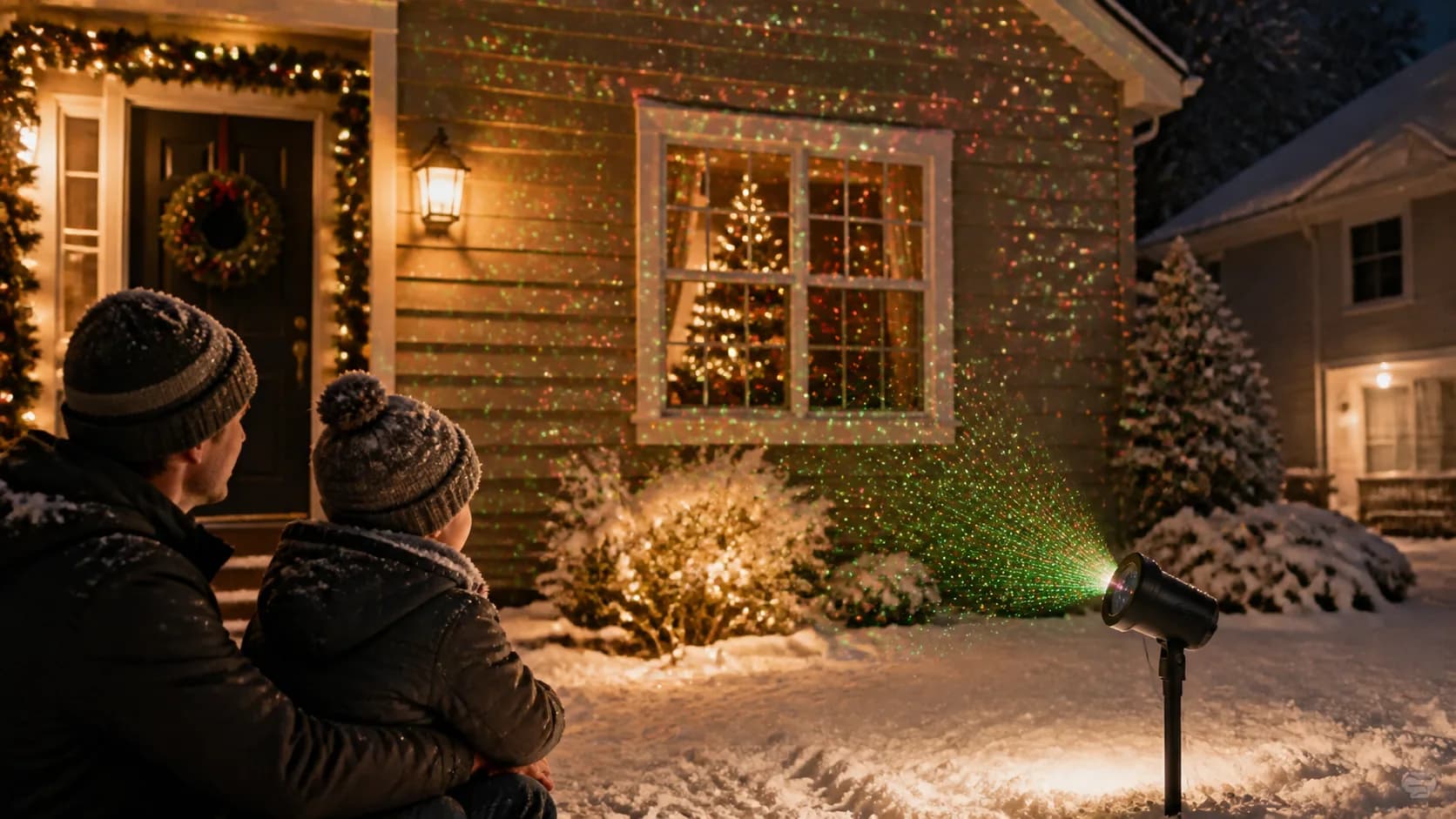 Representative lawn-staked laser projector casting festive dots on a snowy house