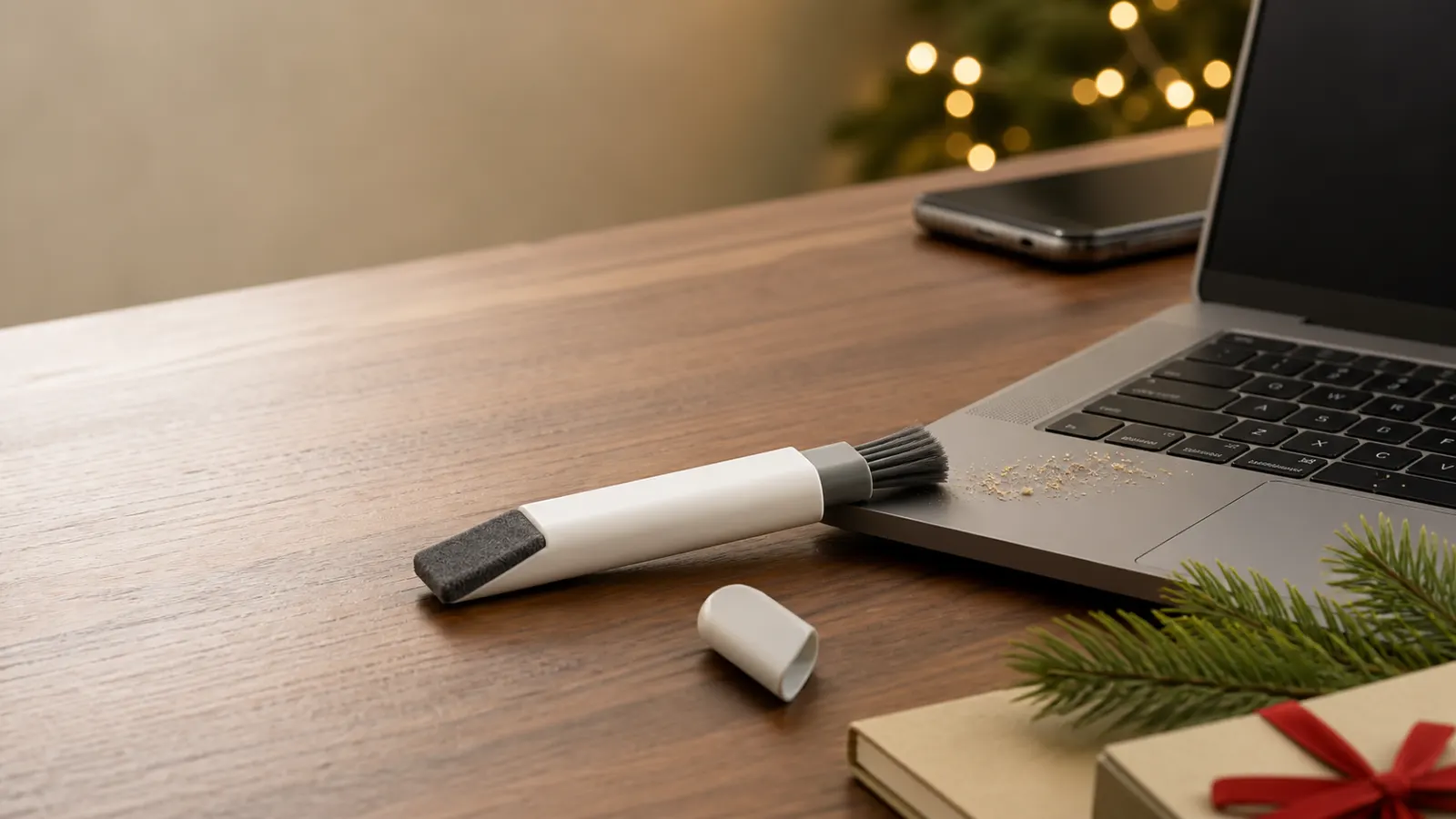 Representative compact double-ended laptop cleaner brushing crumbs from a keyboard beside a clean dark screen