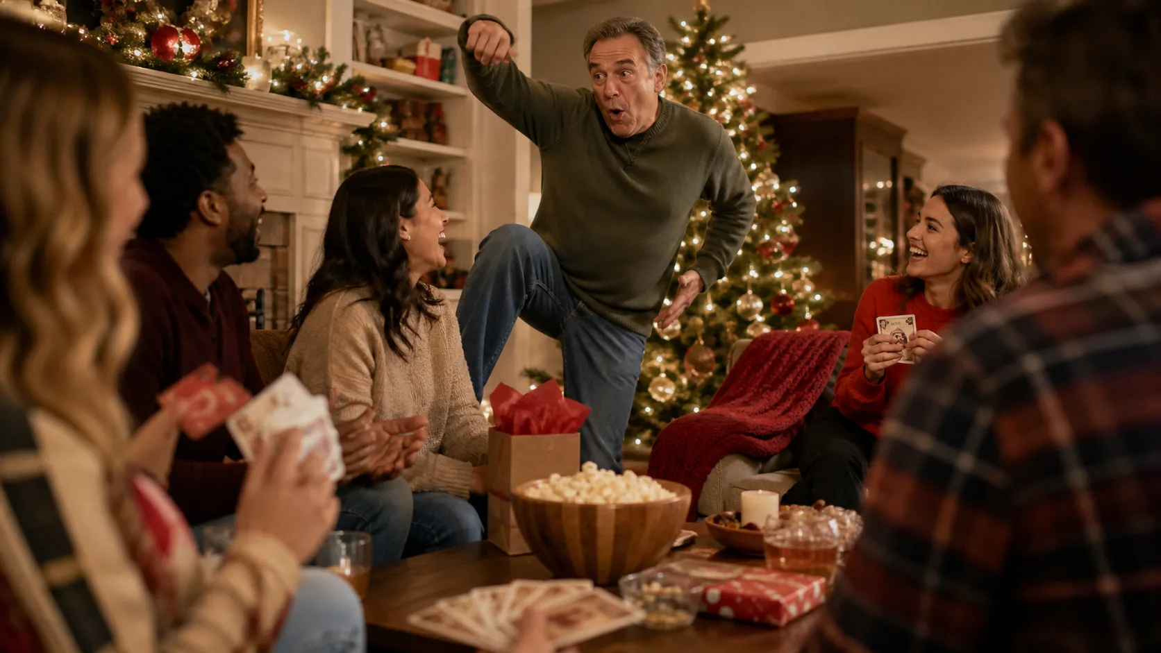 Representative deck of charades cards fanned out at a lively holiday party