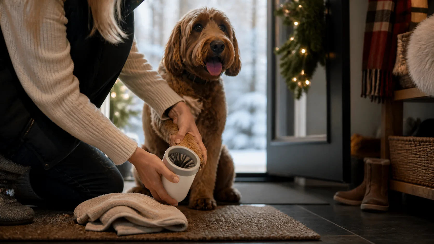Representative bristled cup cleaning a dog's muddy paw at a doorway