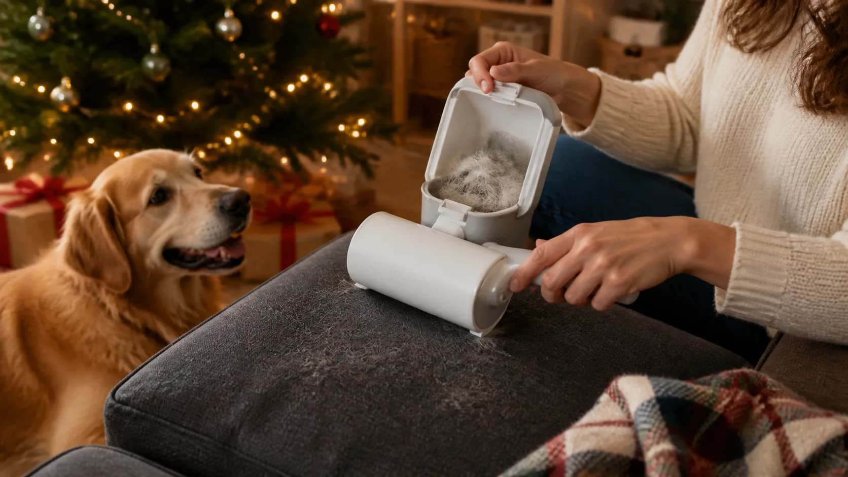 Representative handheld roller lifting fur from a fabric sofa cushion