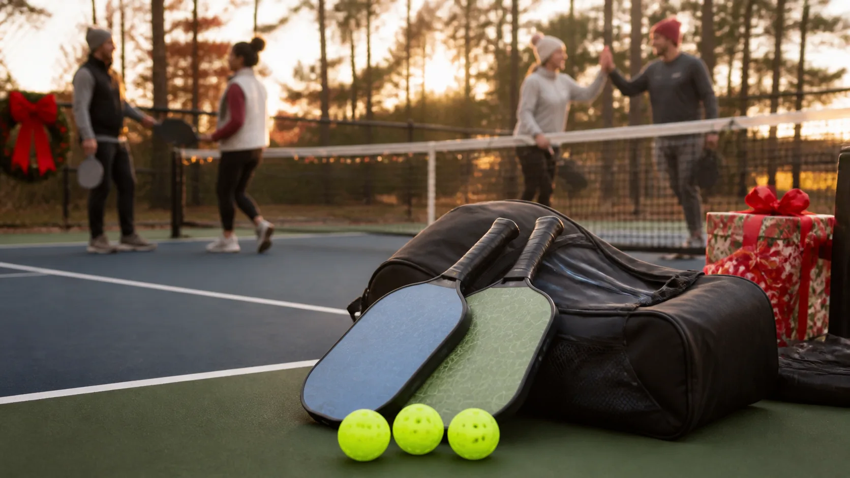 Representative pair of pickleball paddles and balls resting on an outdoor court