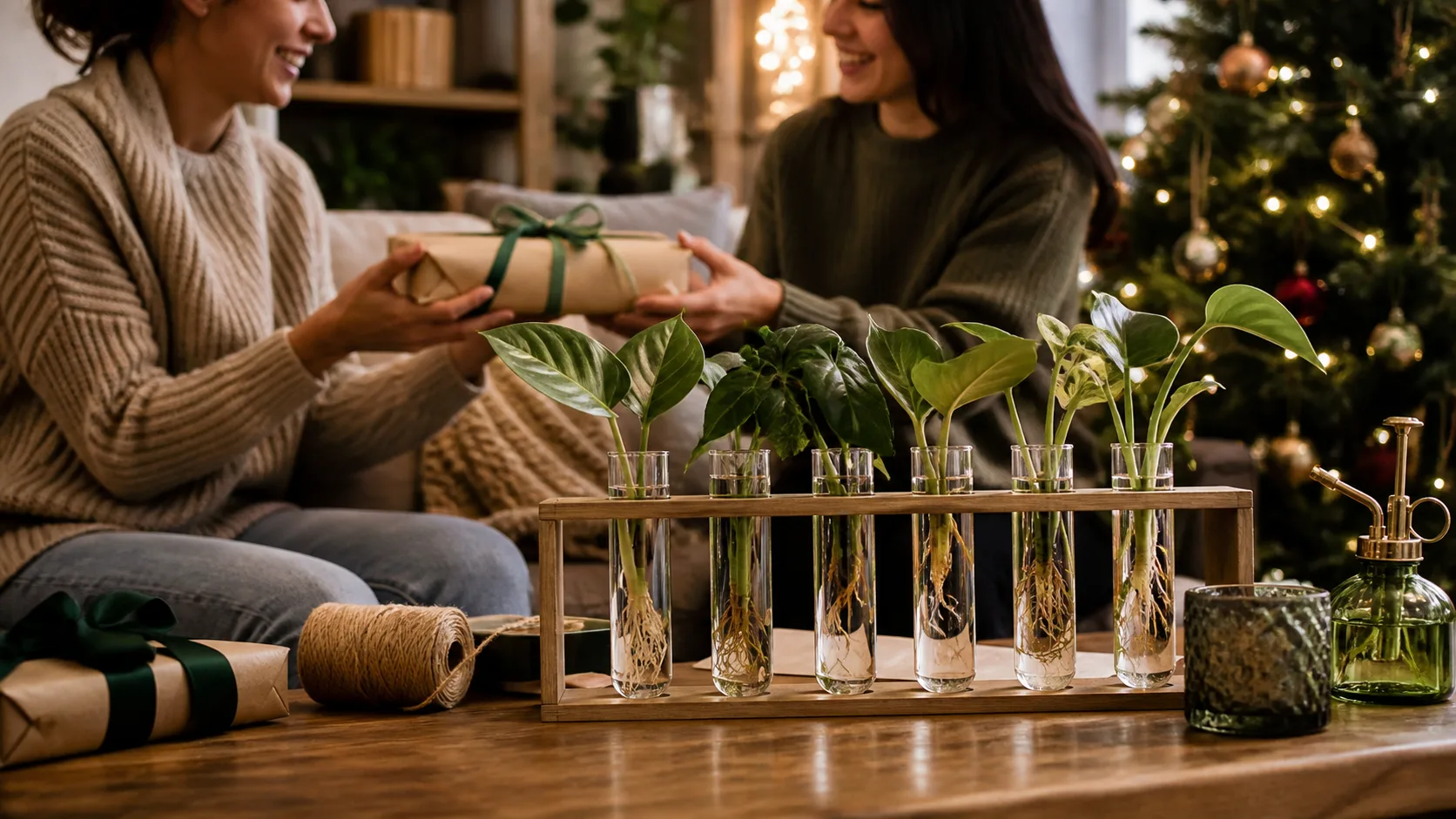 Representative wooden stand holding glass tubes with plant cuttings in water