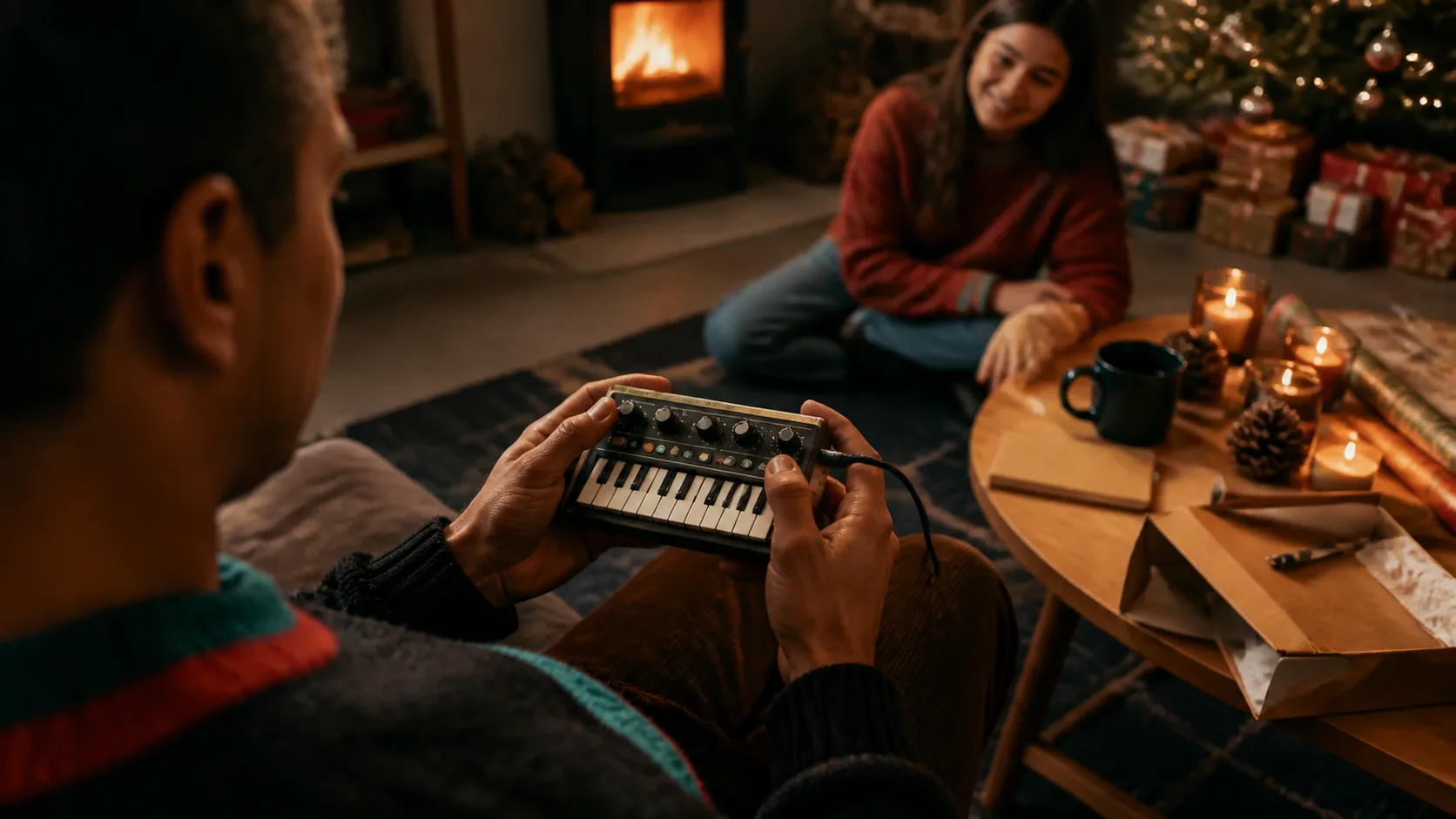Representative pocket-size synthesizer with small keys and knobs held in two hands