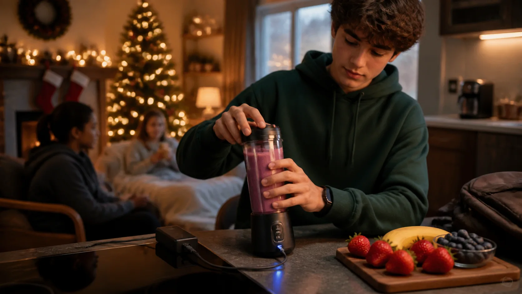Representative bottle-sized portable blender with fruit smoothie on a counter
