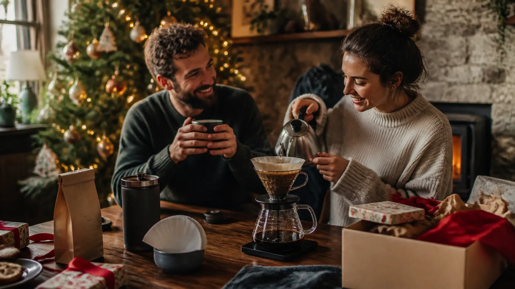 Representative pour-over coffee set with glass carafe and cone dripper mid-brew