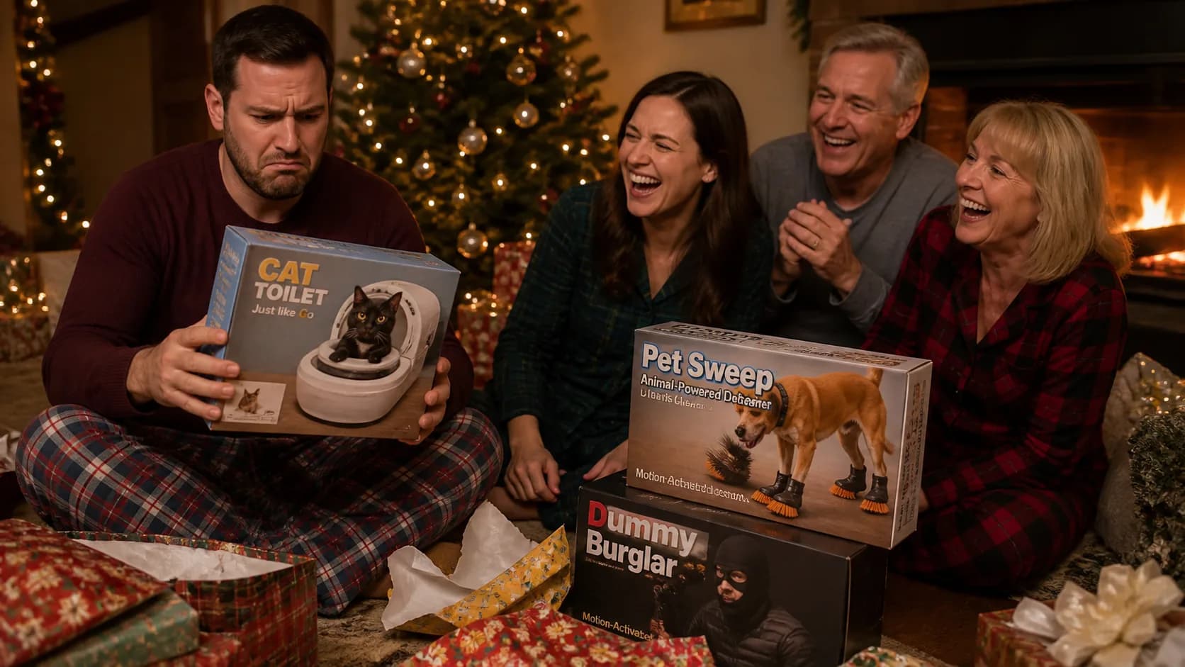 Representative stack of joke gift boxes printed with fake product designs