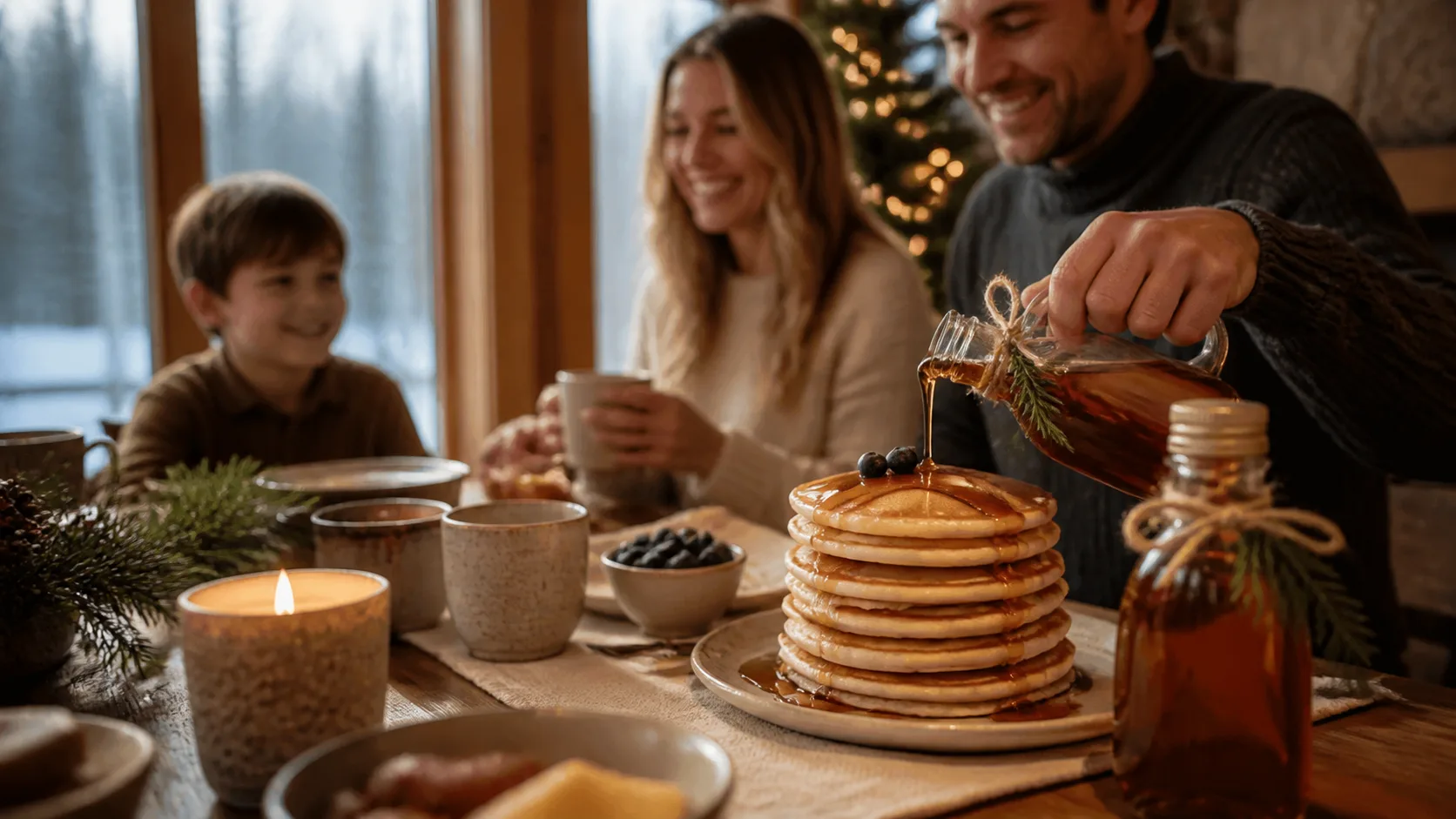Representative gift bottle of amber maple syrup beside a stack of pancakes