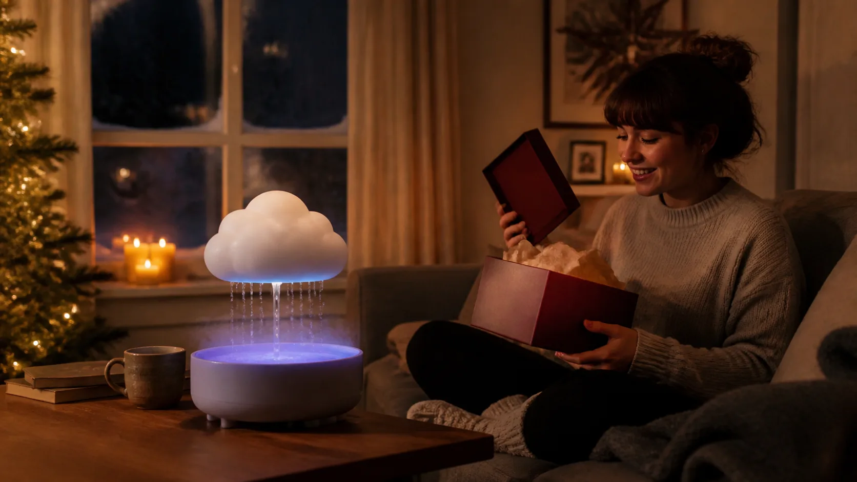 Representative cloud-shaped humidifier dripping water with soft coloured light
