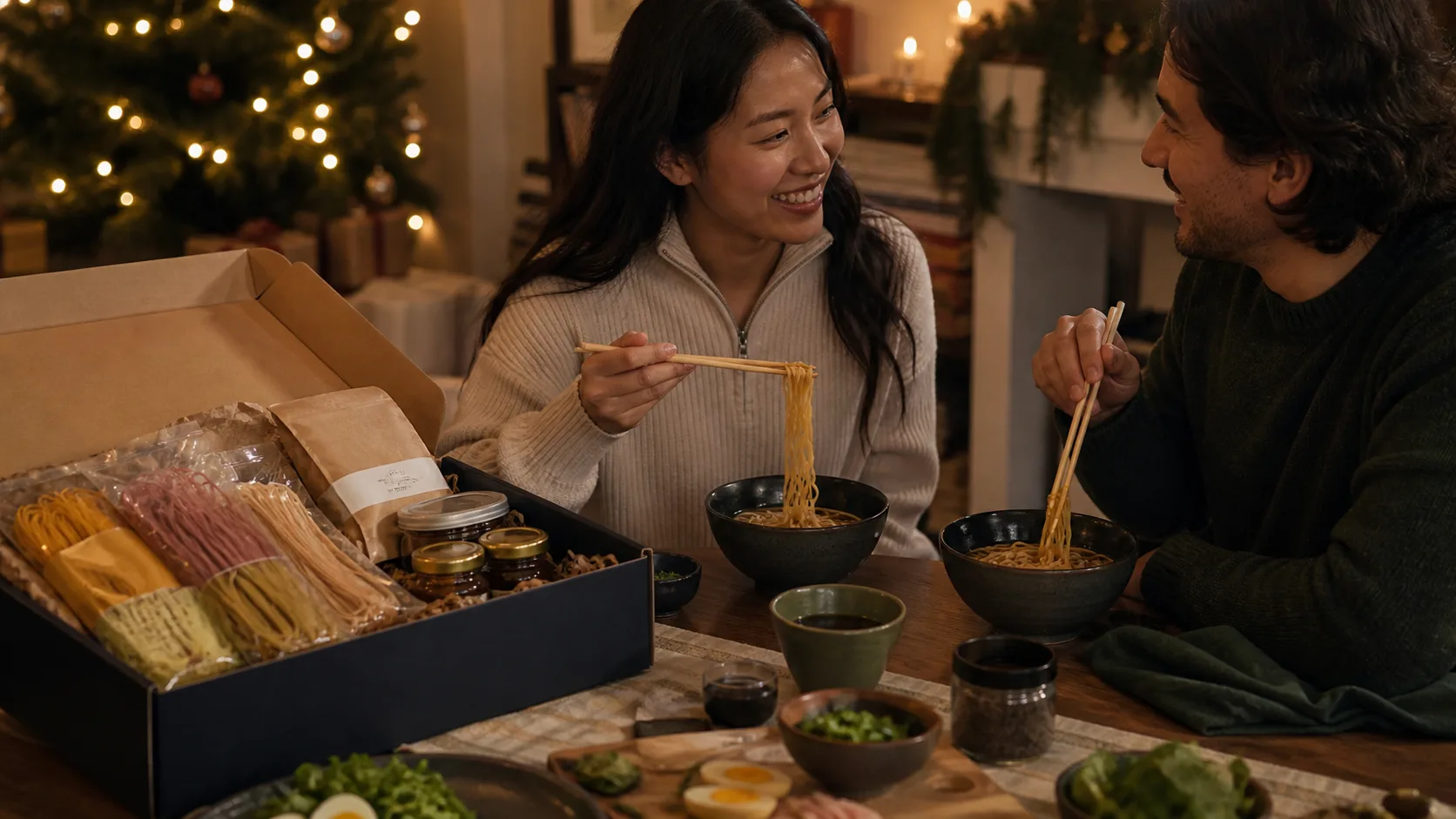 Representative ramen gift box with noodle packs, chopsticks, and seasoning jars