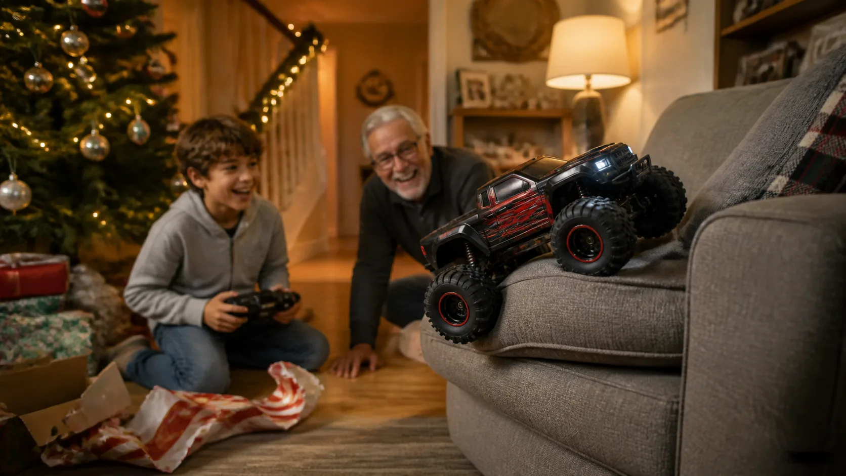 Representative remote-control monster truck with oversized tires on a living room floor