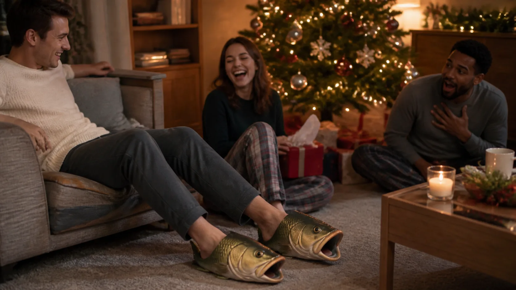 Representative pair of fish-shaped plush slippers on a living room floor