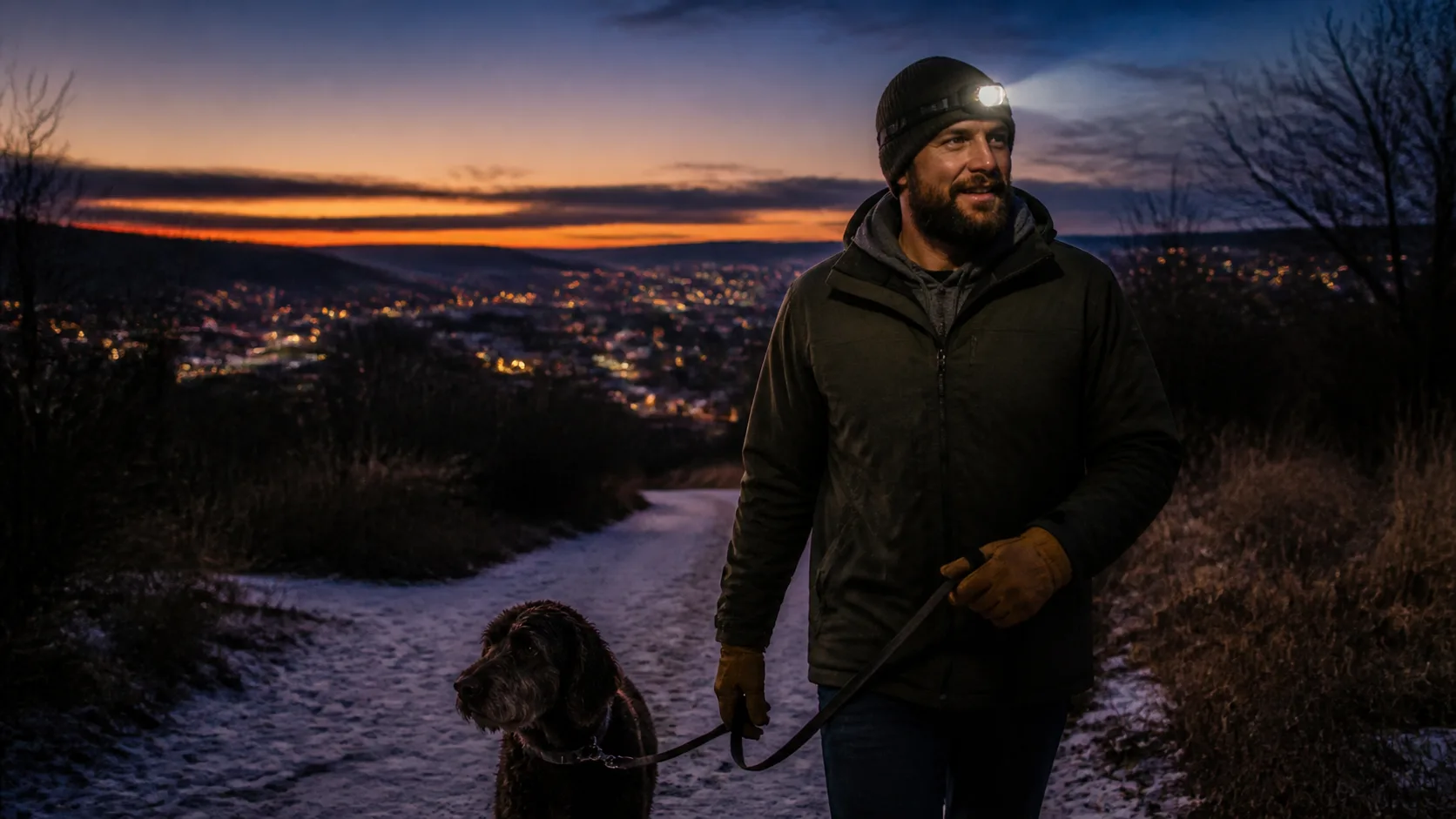 Representative rechargeable headlamp with adjustable strap shown on a trail at dusk