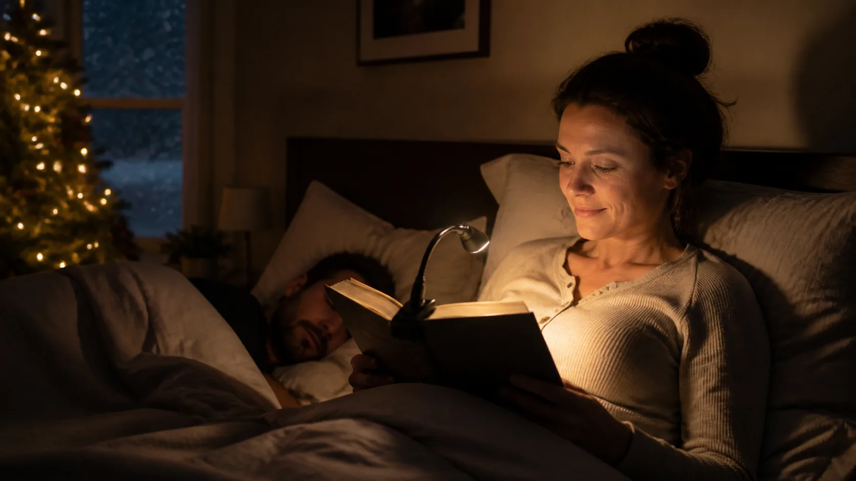 Representative clip-on reading light glowing over an open book at night