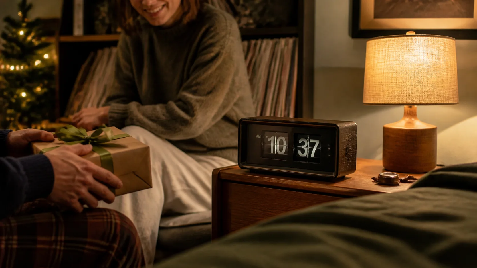 Representative retro split-flap clock sitting on a wooden nightstand