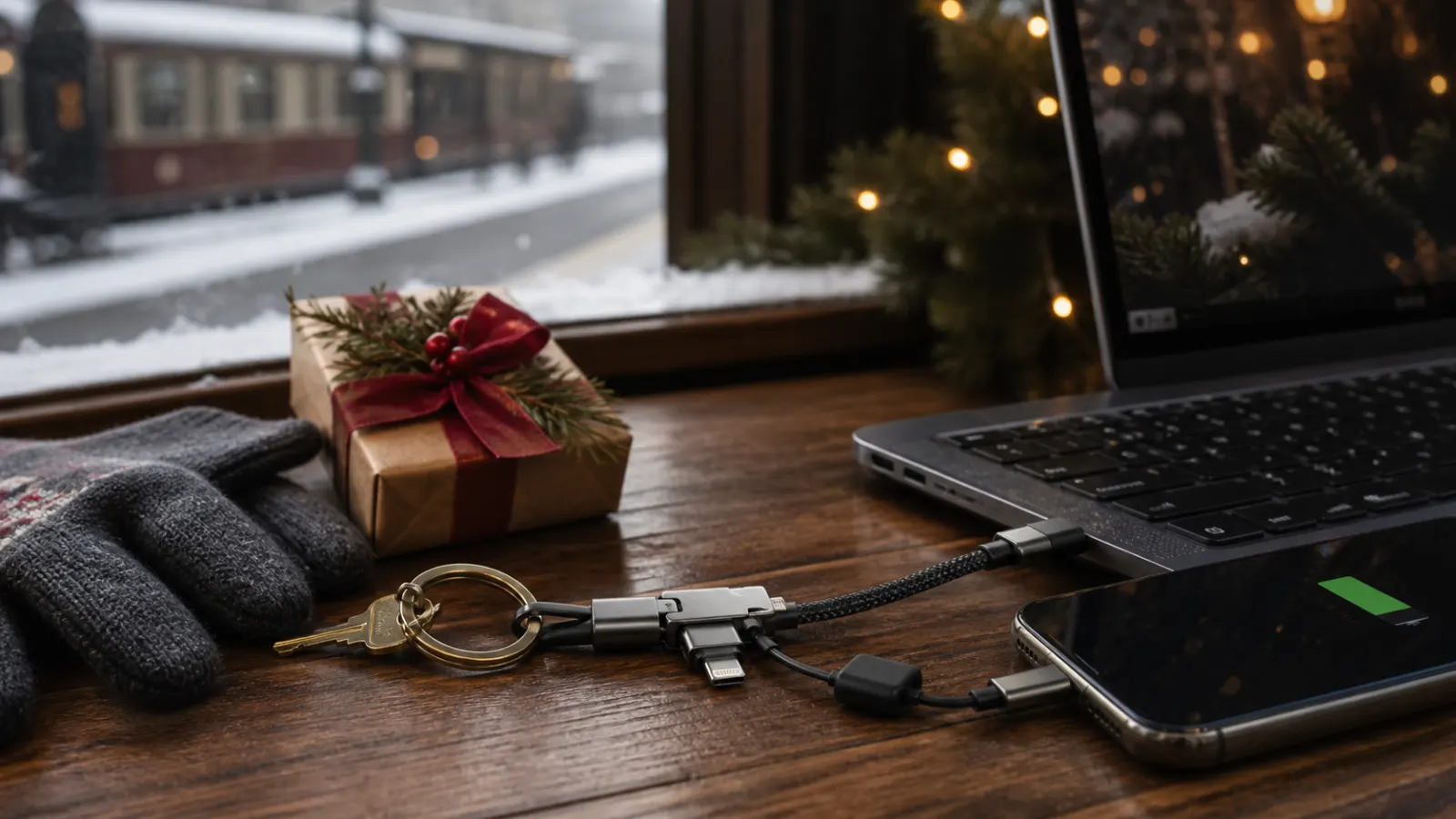 Representative compact braided multi-connector charging cable clipped to a keyring beside a phone and laptop