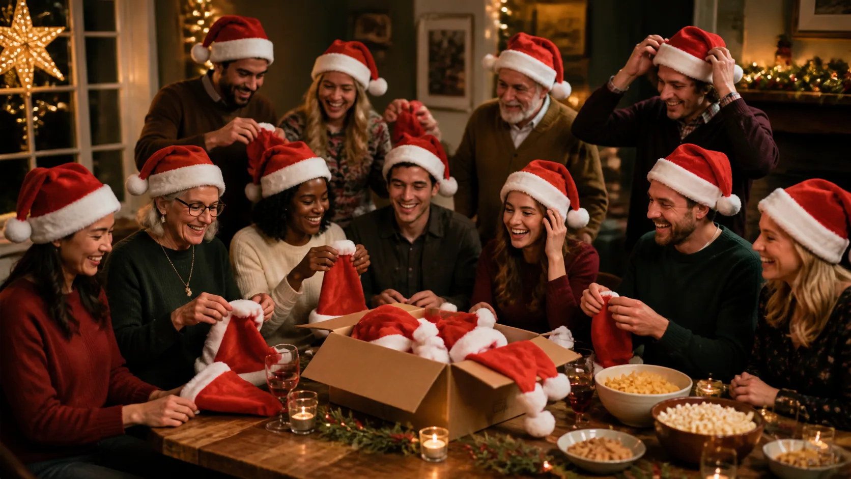 Representative stack of red plush hats with white trim and pom-poms piled on a party table
