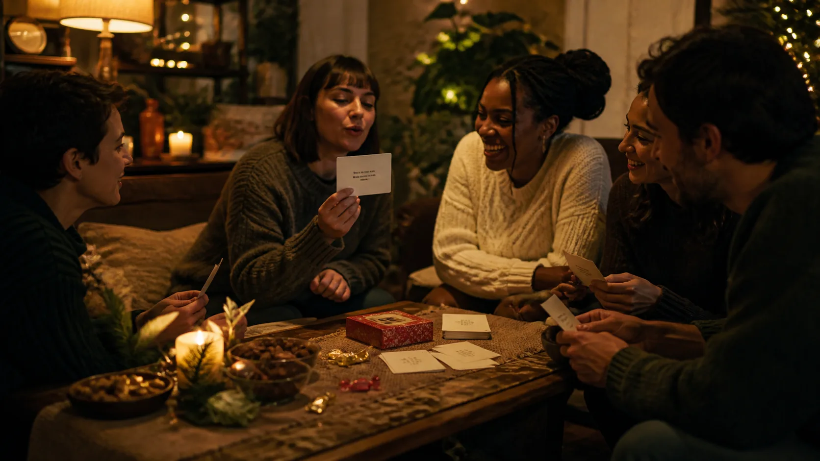 Representative boxed deck of affirmation cards fanned on a coffee table