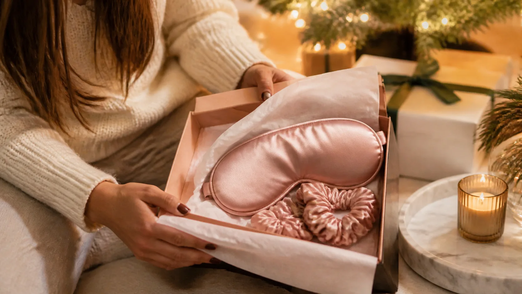 Representative blush satin eye mask with matching scrunchies arranged on a marble tray
