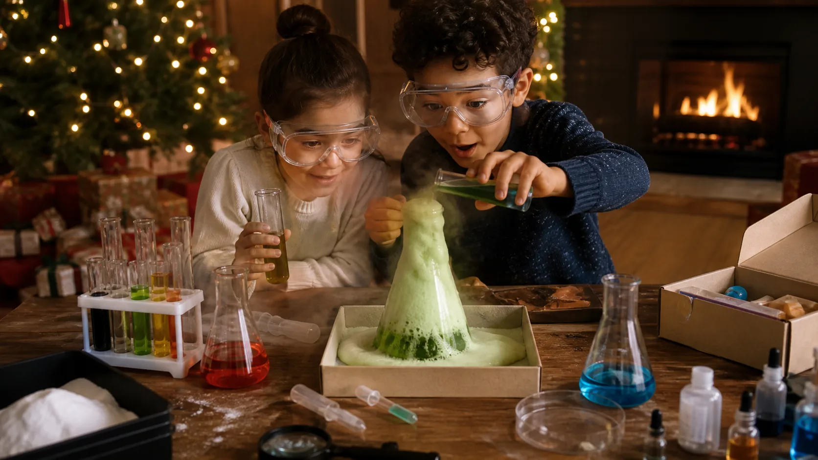Representative kids science kit with beakers, goggles, and colourful liquids