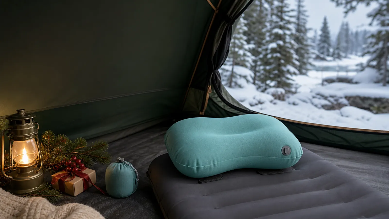 Representative aqua inflatable ultralight pillow secured to a sleeping pad inside a snowy-season tent