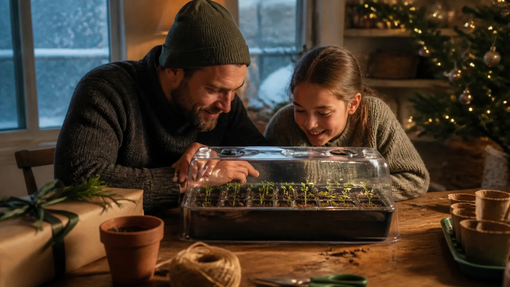 Representative mini greenhouse tray with clear dome lid and rows of seedling cells